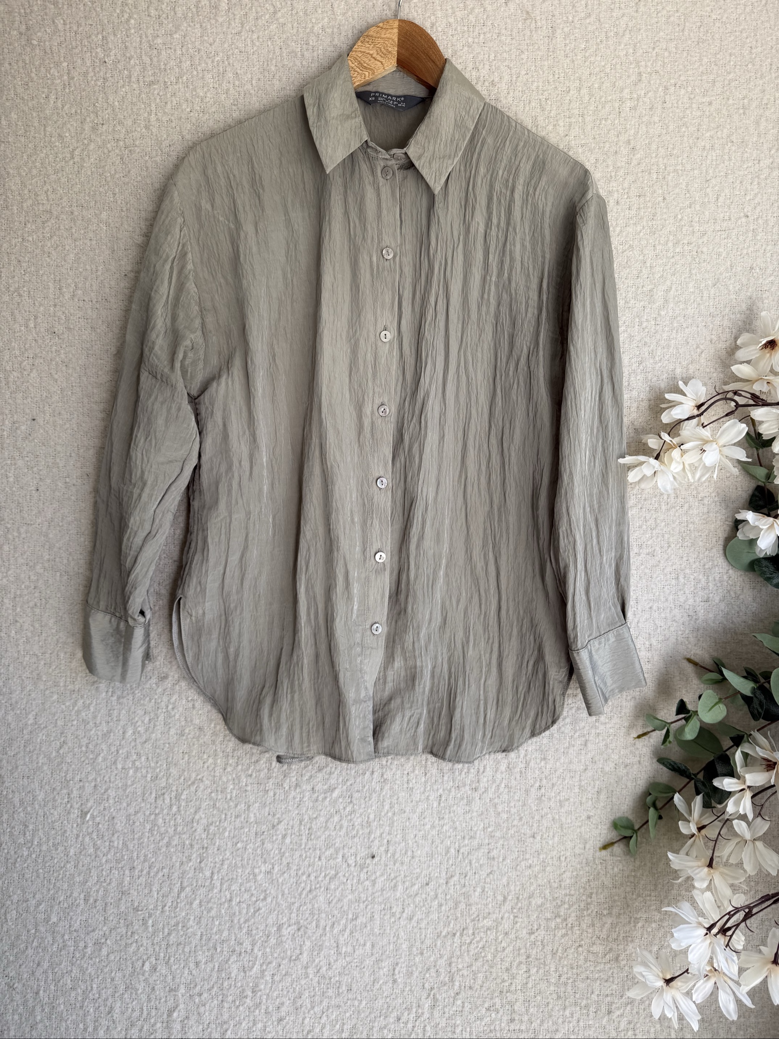 Primark Grey Crinkle Textured Shirt XS UK 6-8 Casual Button-Up Top