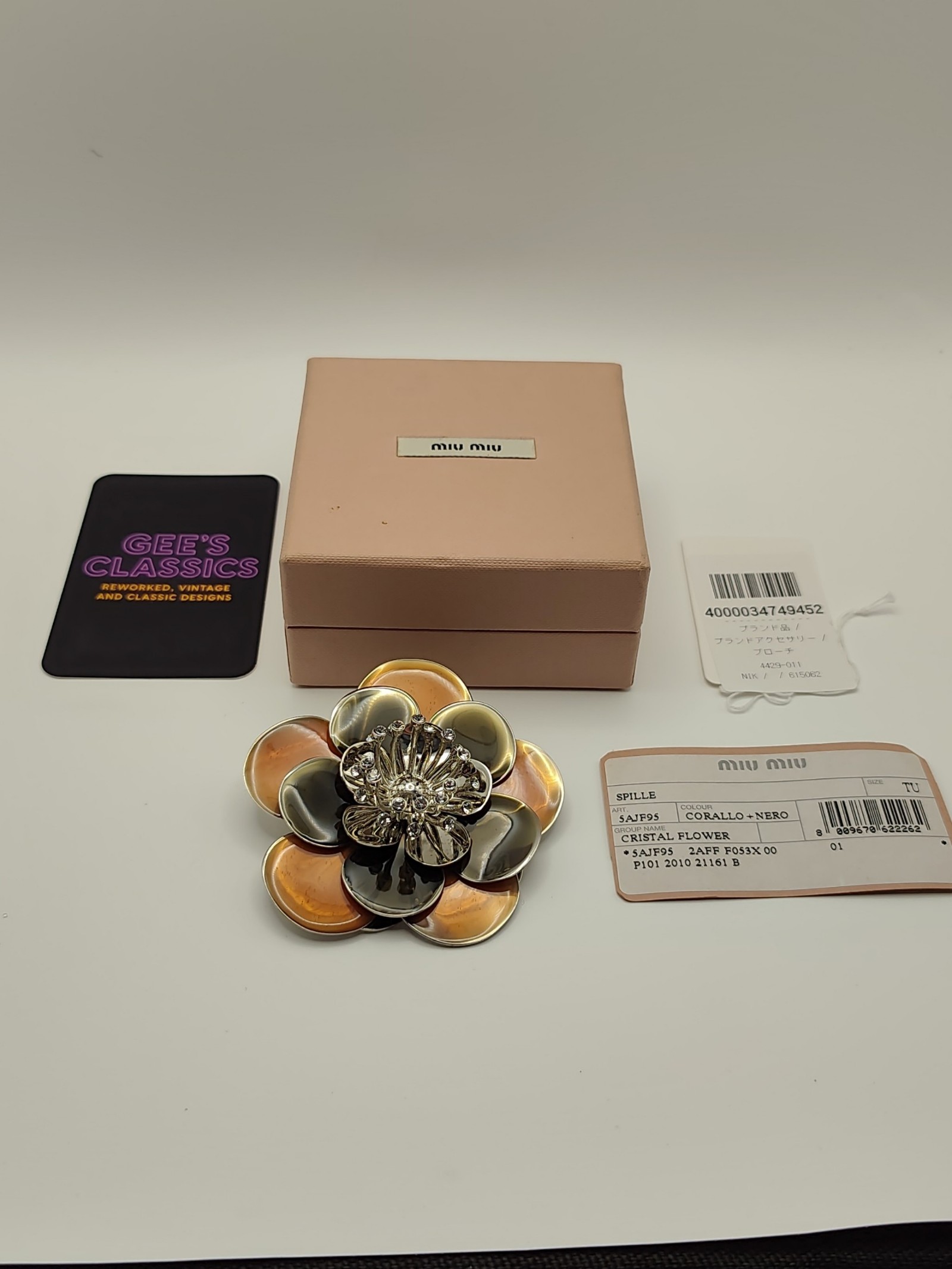 Miu Miu Coral & Black Crystal Flower Brooch One Size