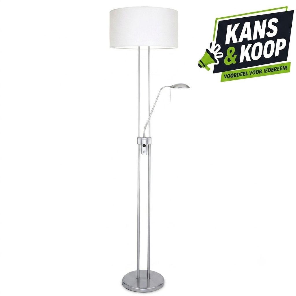Moderne Vloerlamp / Schemerlamp met Leeslamp – Mat Satin & Witte Kap