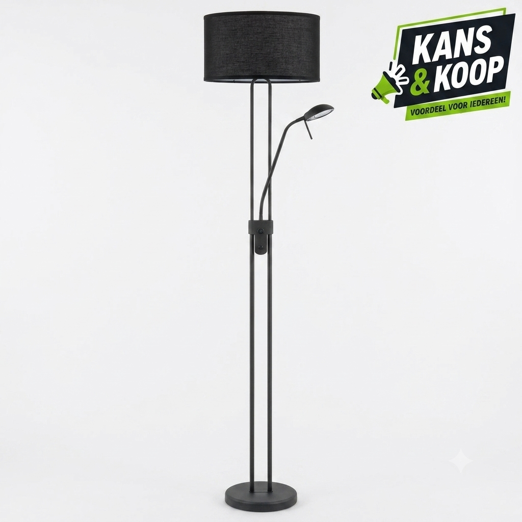 Stijlvolle Zwarte Vloerlamp / Staande Lamp met Leeslamp & Zwarte Kap