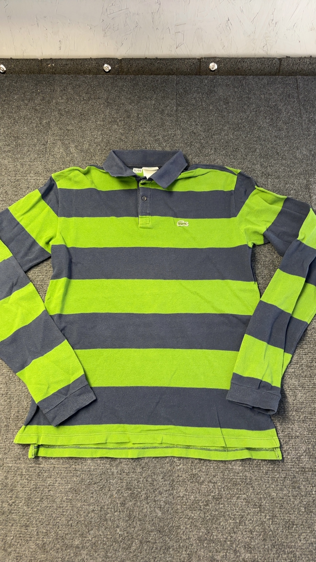Lacoste Green & Navy Blue Striped Long Sleeve Polo Shirt Size 16