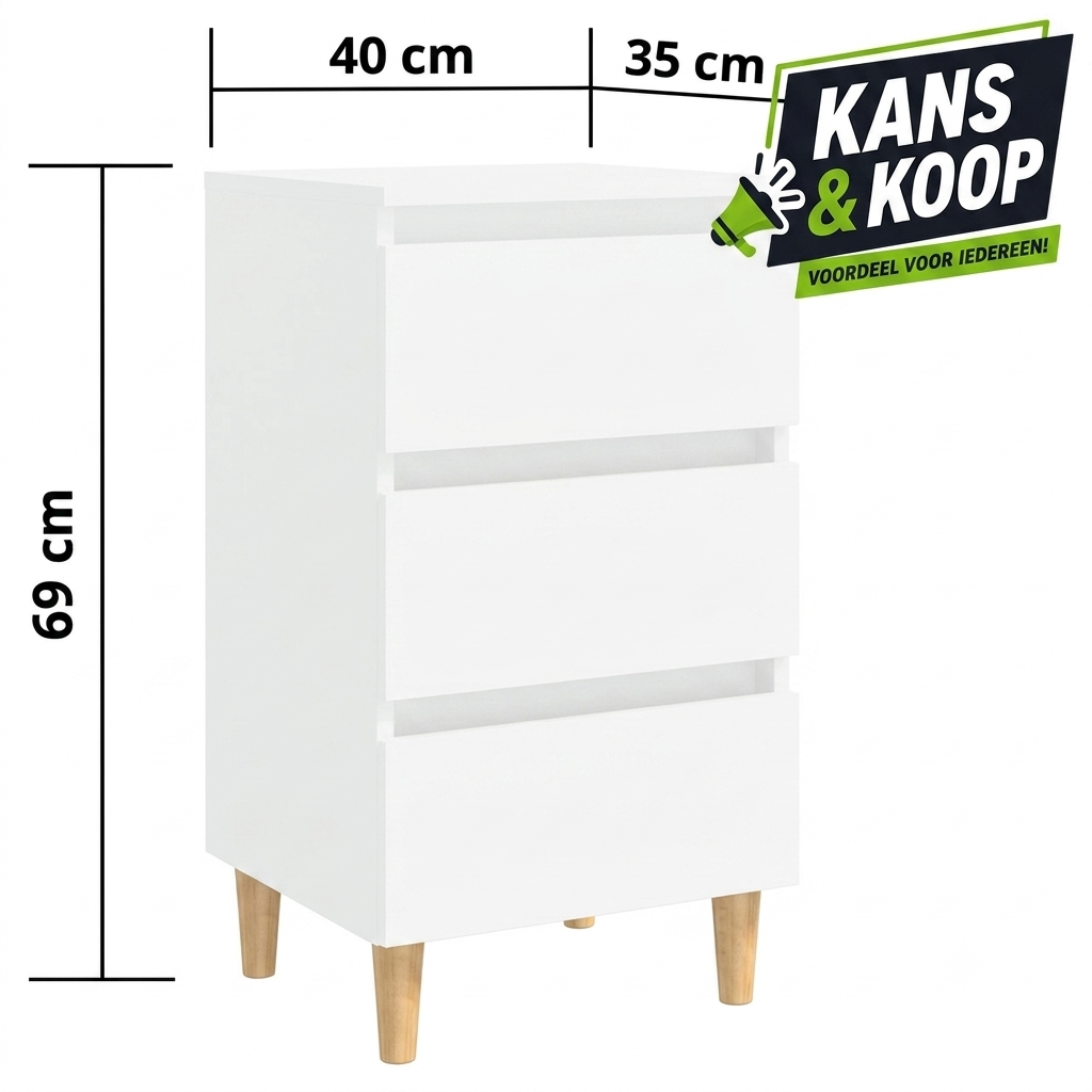 Stijlvol Wit Nachtkastje met 3 Lades & Houten Poten – 40 x 35 x 69 cm
