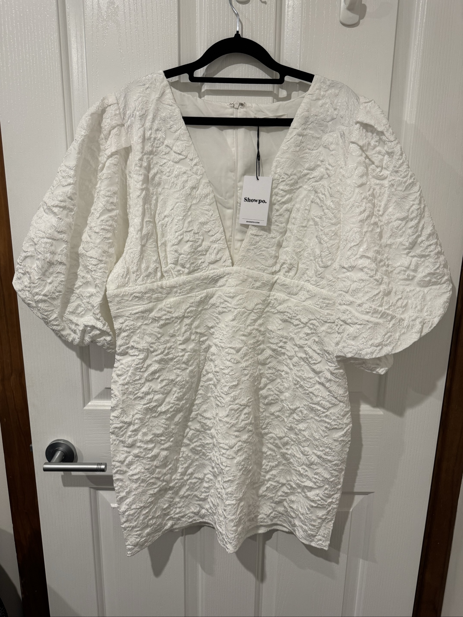 Showpo White Miley Mini Dress UK 16 Textured V Neck Puff Sleeve