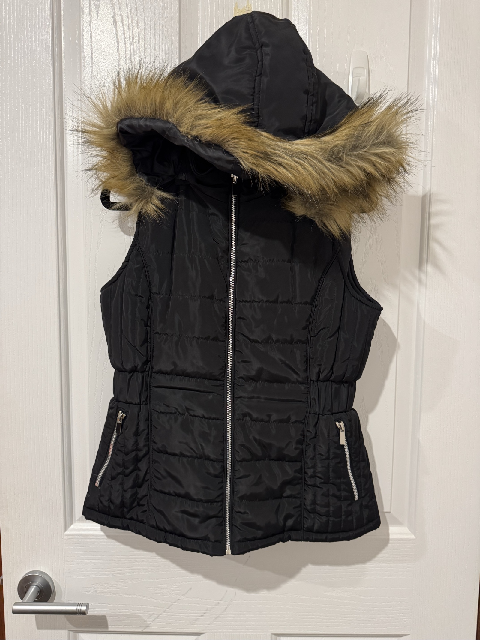 Miss Valley Black Puffer Gilet Vest Size 10 Faux Fur Hood