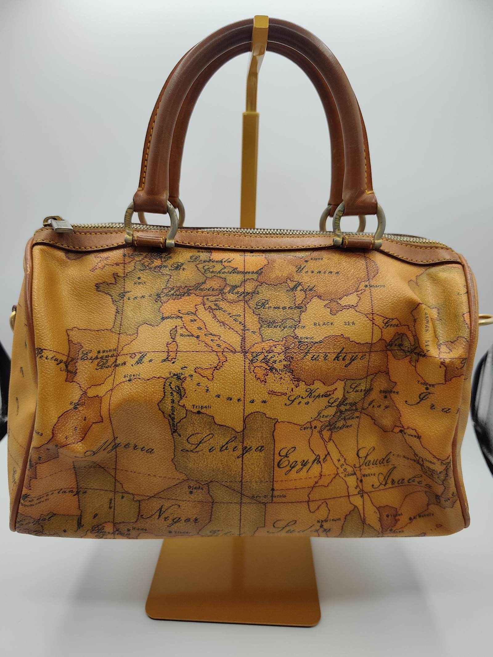 Alviero Martini Brown Geo Print Leather Boston Bag Prima Classe