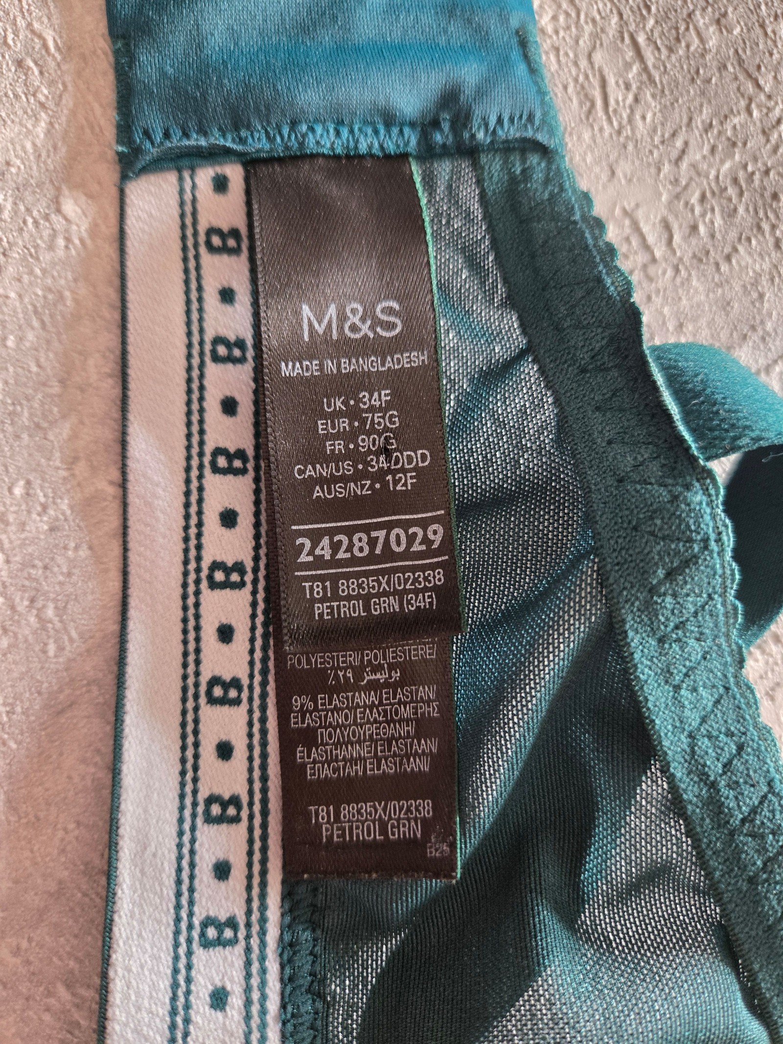 M&S Petrol Green Lace Bra UK 34F with B Logo Band image 4