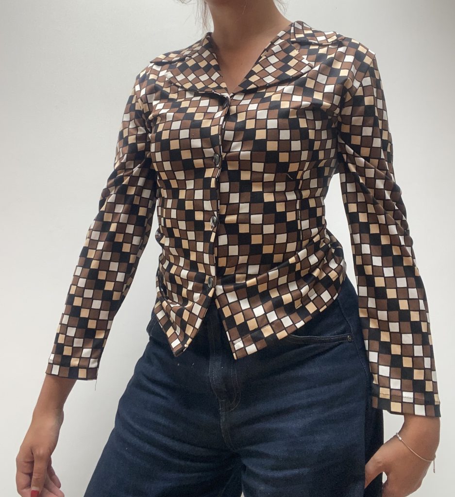 Vintage Brown, Beige & Black Checkered Shirt Small Geometric Pattern
