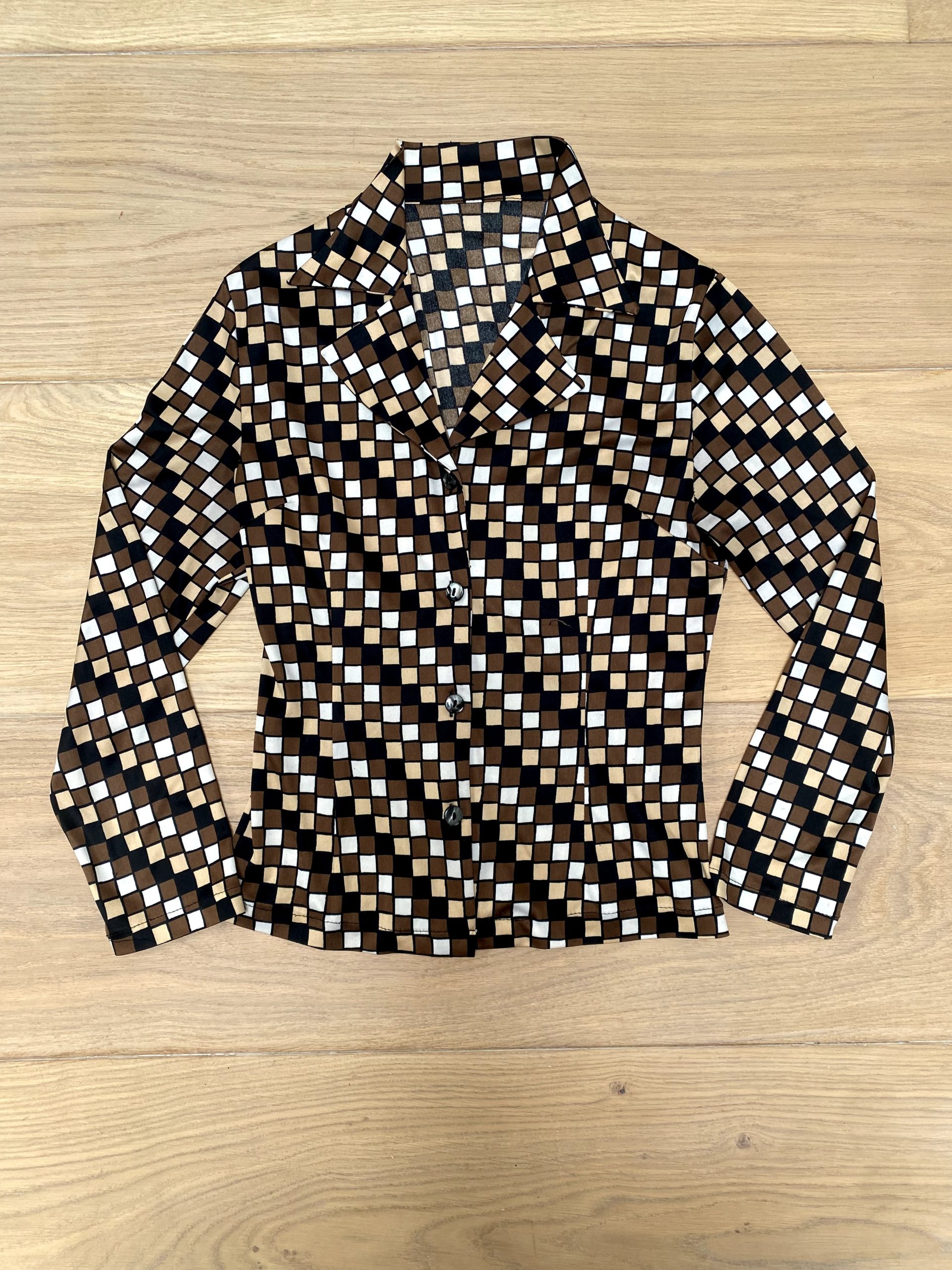 Vintage Brown, Beige & Black Checkered Shirt Small Geometric Pattern image 2