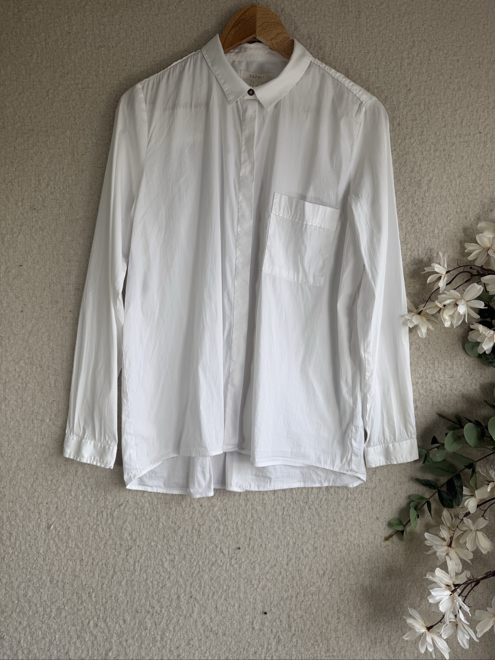 Esprit White Long Sleeve Shirt XL Classic Collar Pocket Casual Chic
