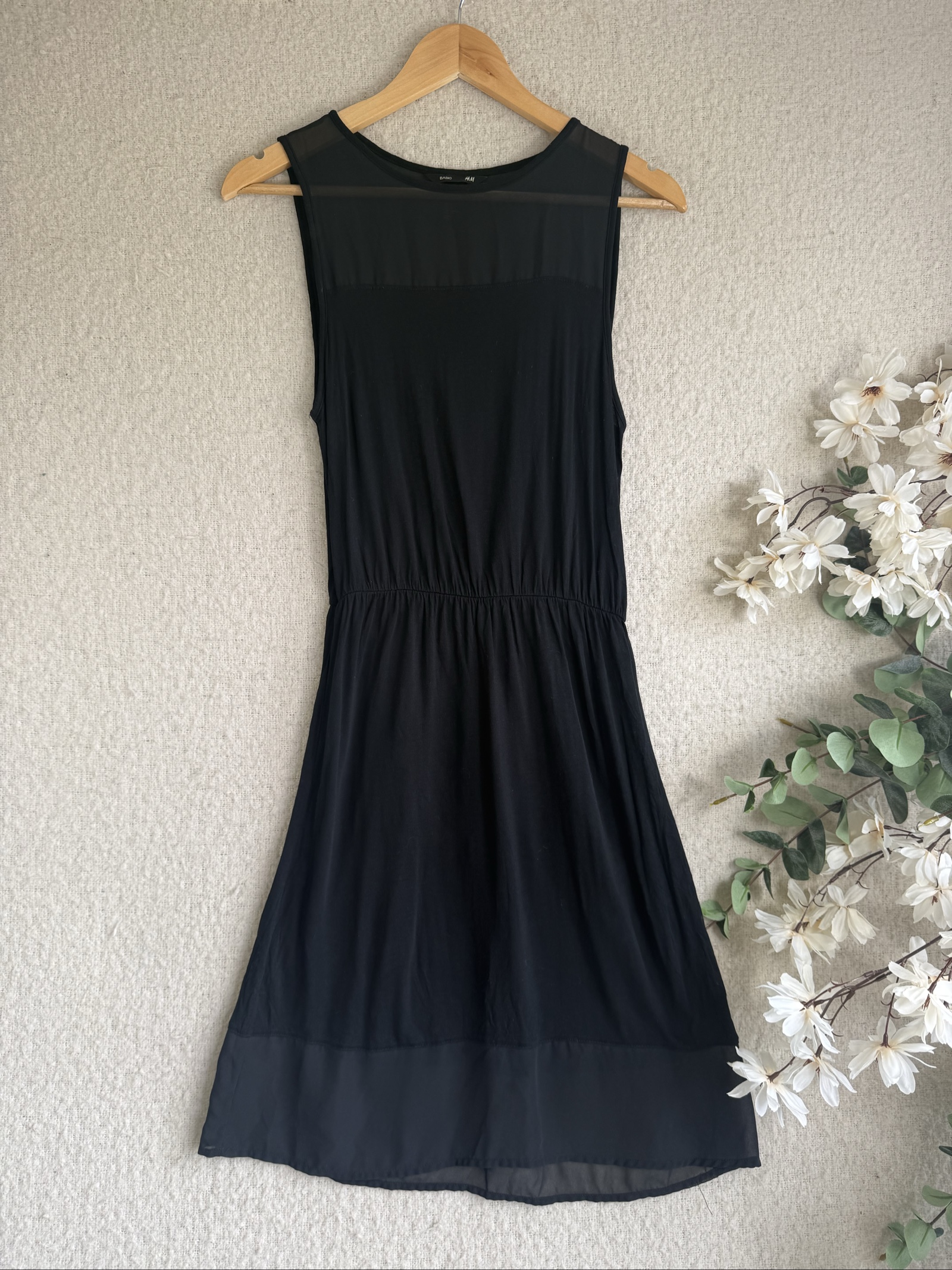 H&M Black Sheer Mesh Panel Sleeveless Dress UK Small Chic Elegant Summer
