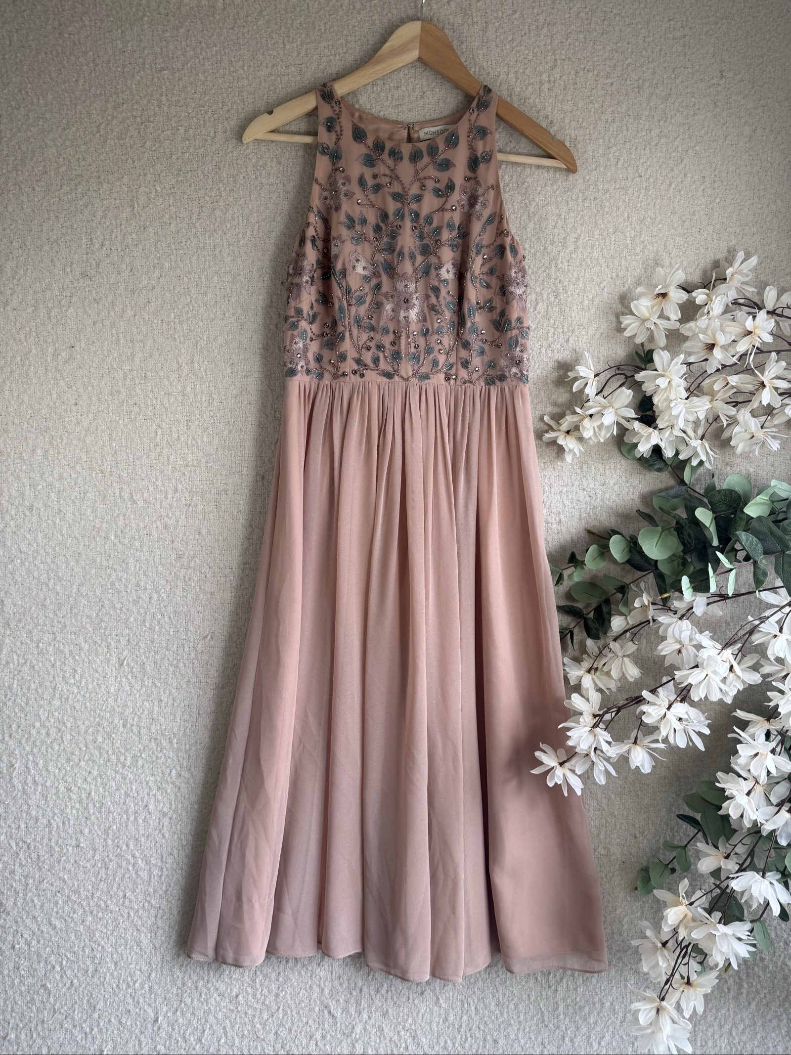 Monsoon Blush Pink Embroidered Beaded Occasion Dress UK 8 Elegant Sleeveless
