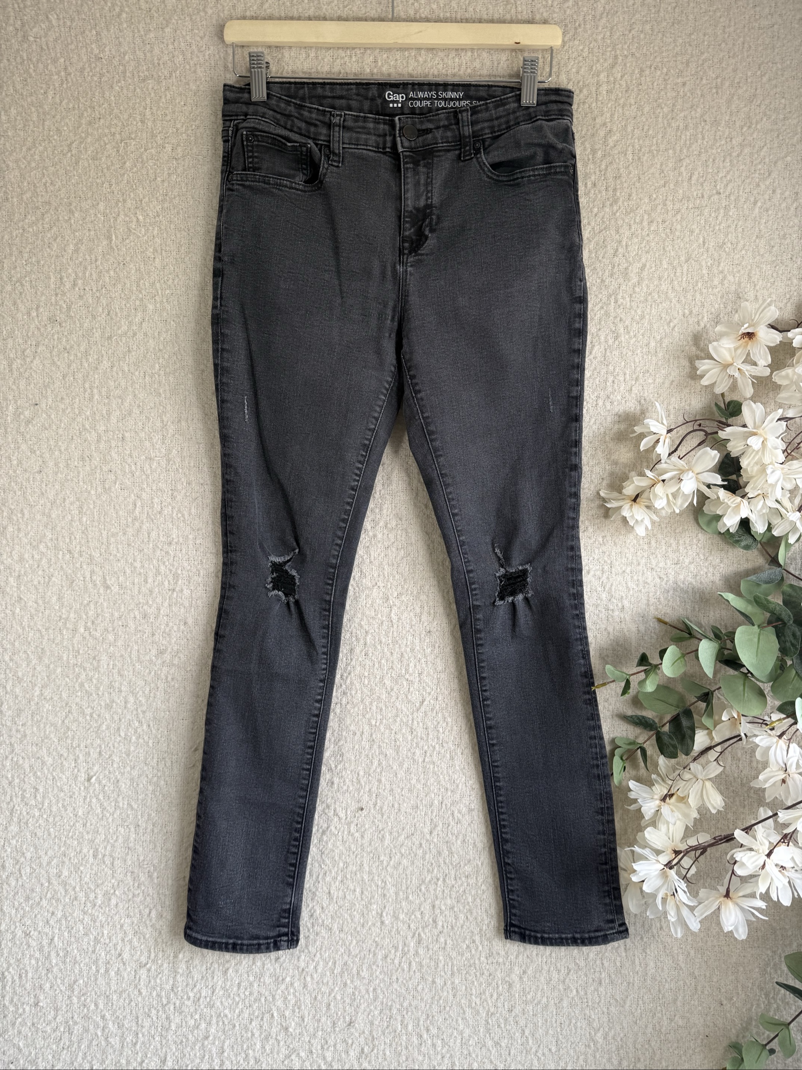 Gap Black Always Skinny Ripped Jeans UK 12 Stylish Distressed Denim Pants