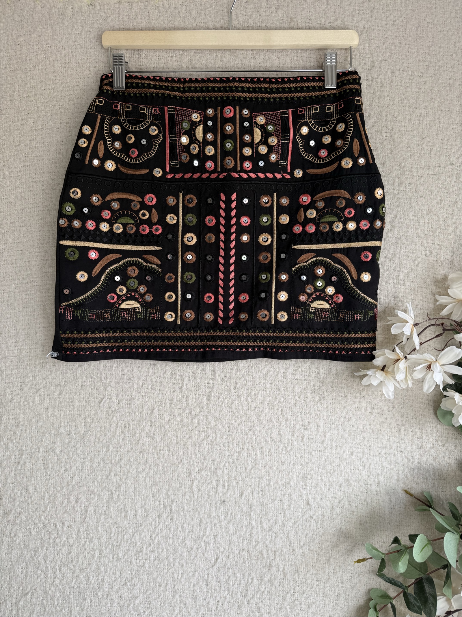 Angel City Embroidered Black Sequin Mini Skirt UK 10 Boho Chic Party Style