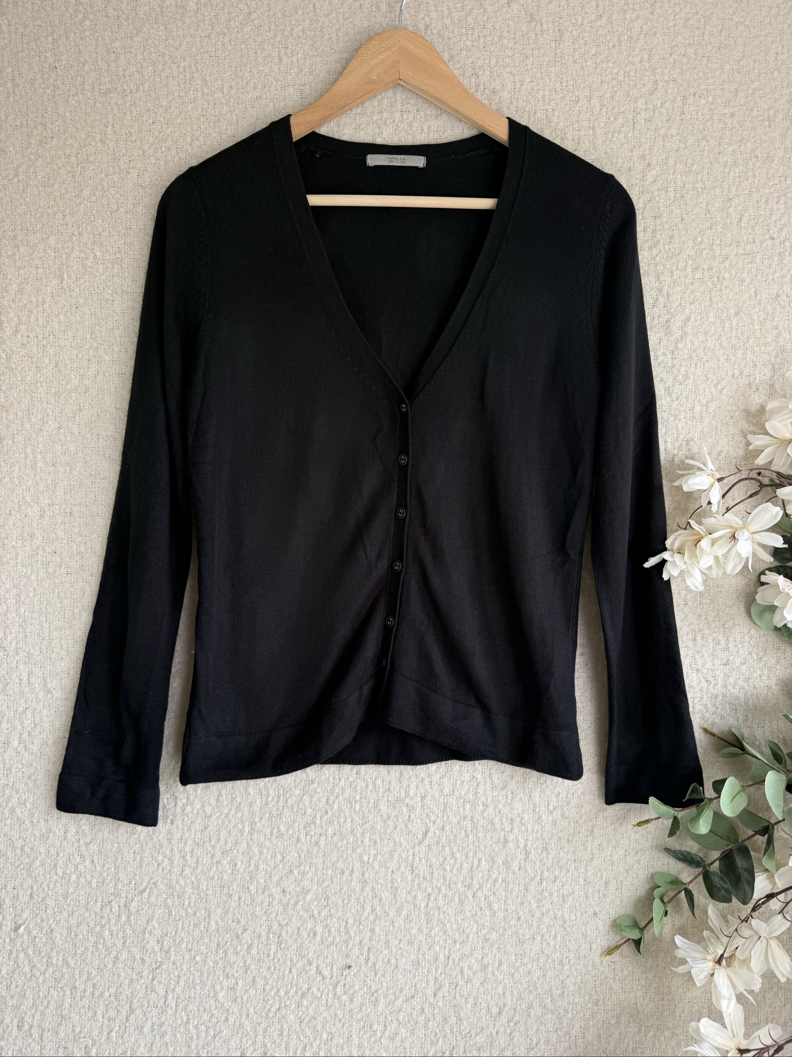 Marks & Spencer Black Button Up V-Neck Cardigan UK 14 Classic Knitwear