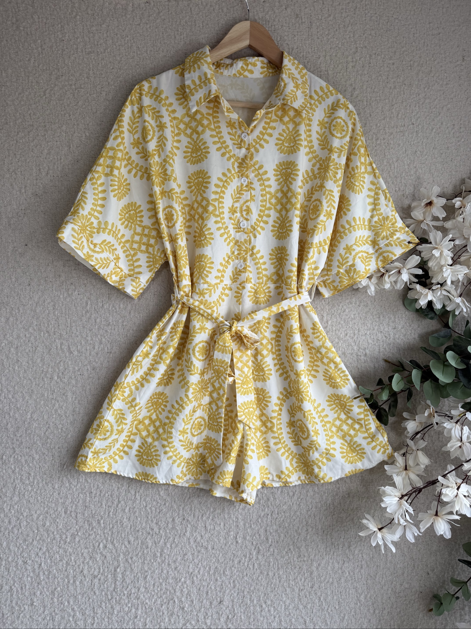 Shein Yellow & White Patterned Romper Playsuit Large Stylish Summer Casual Fit