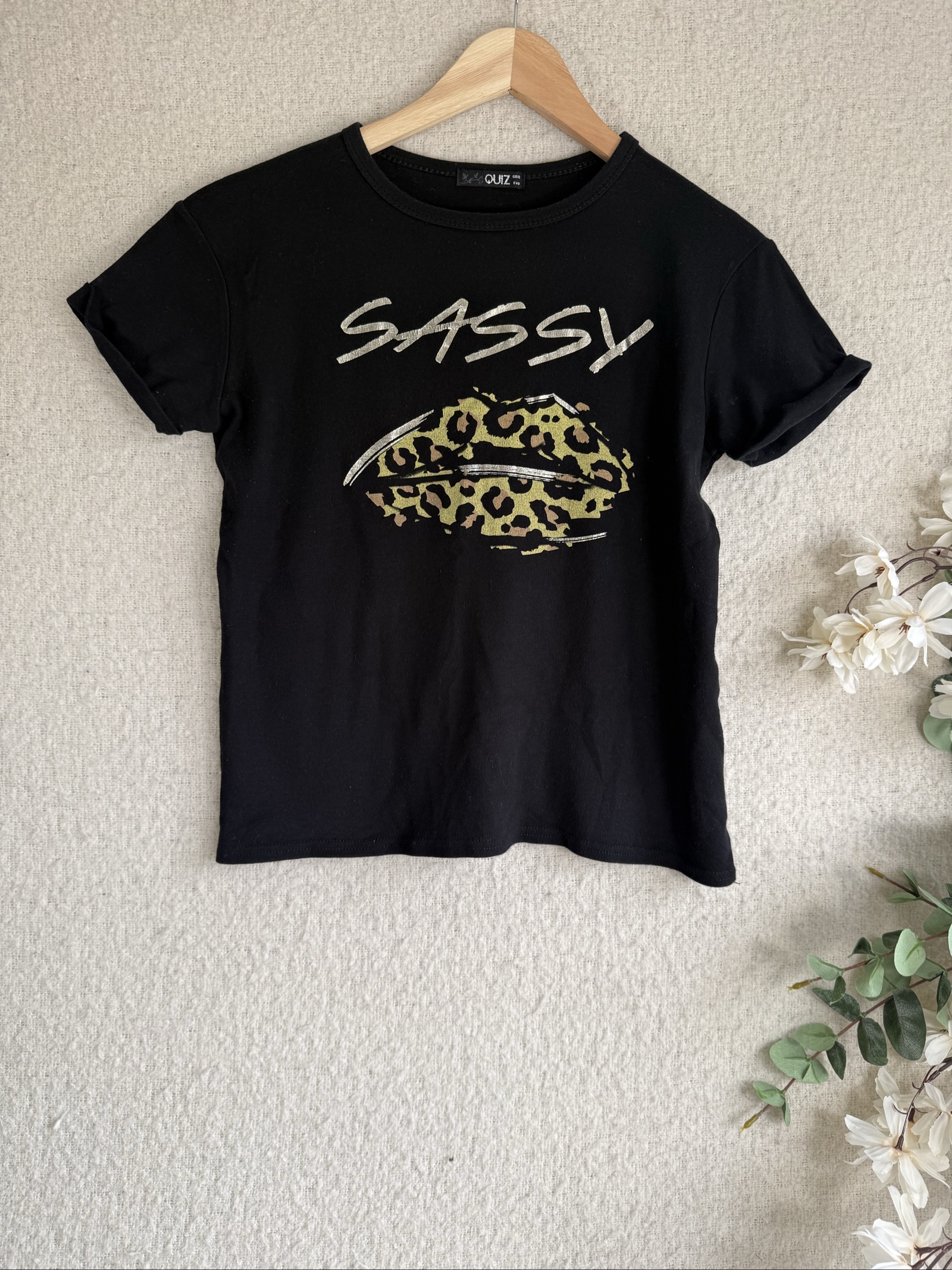 Quiz Black Cotton Sassy Printed T-Shirt UK 12 Casual Graphic Tee