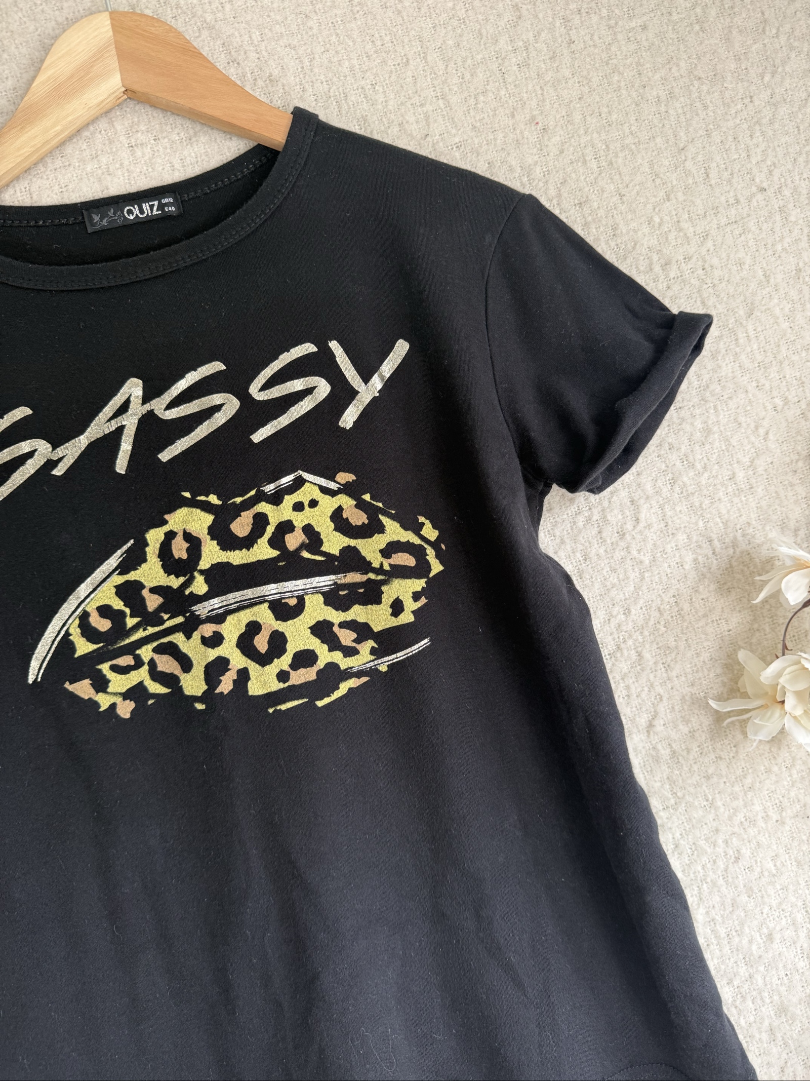 Quiz Black Cotton Sassy Printed T-Shirt UK 12 Casual Graphic Tee image 2