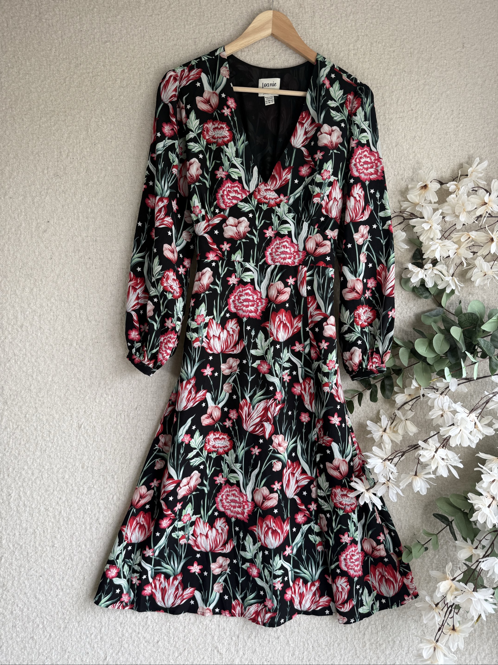 Joanie Black & Red Floral Long Sleeve Midi Dress UK 14 Elegant Occasion