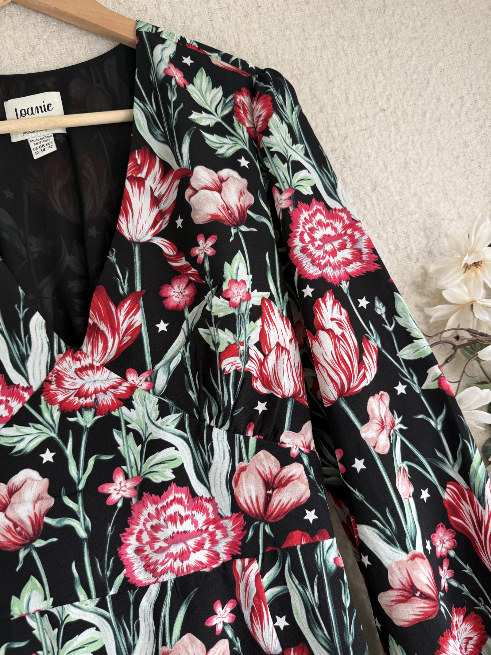 Joanie Black & Red Floral Long Sleeve Midi Dress UK 14 Elegant Occasion image 2