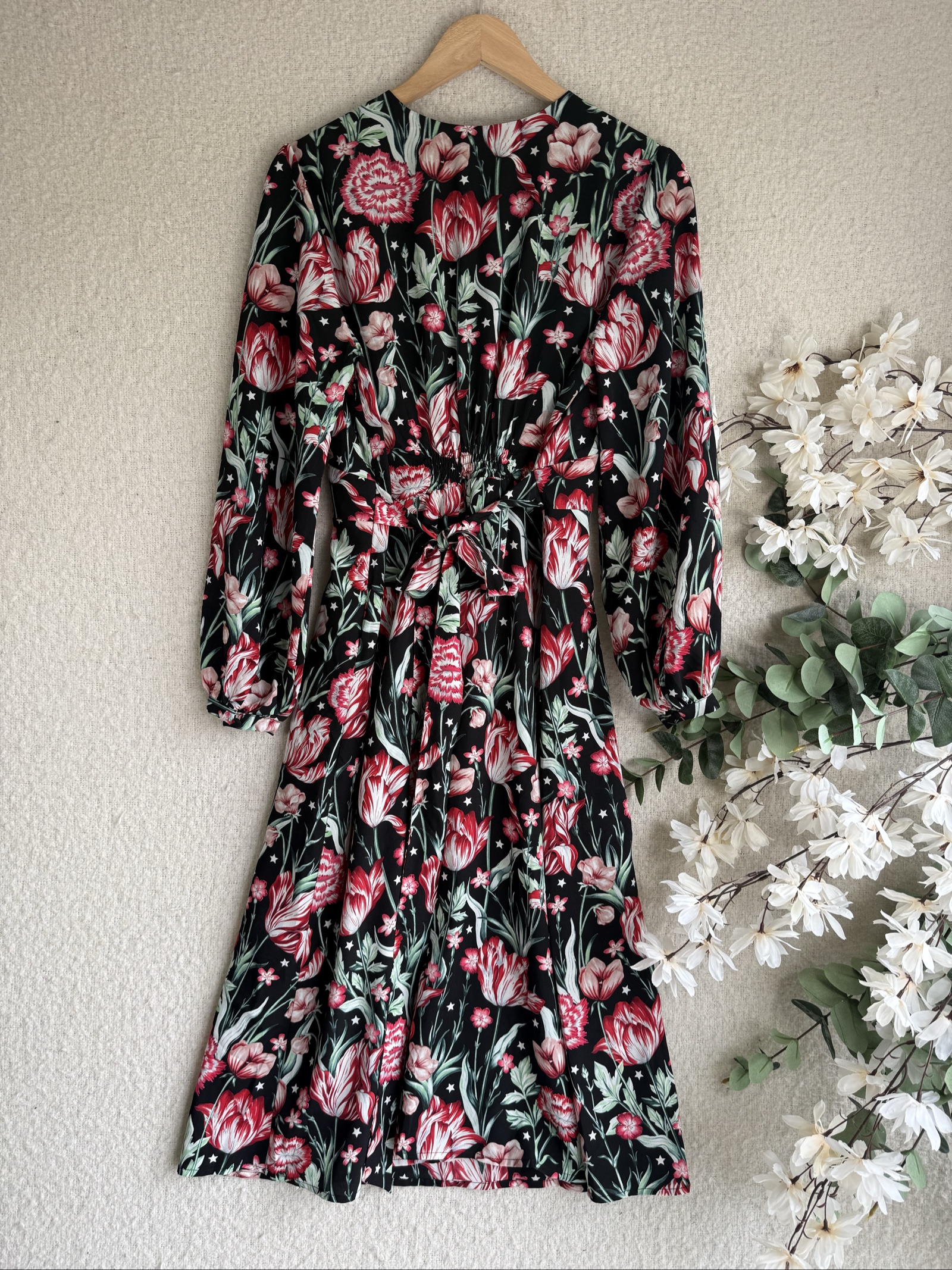 Joanie Black & Red Floral Long Sleeve Midi Dress UK 14 Elegant Occasion image 4