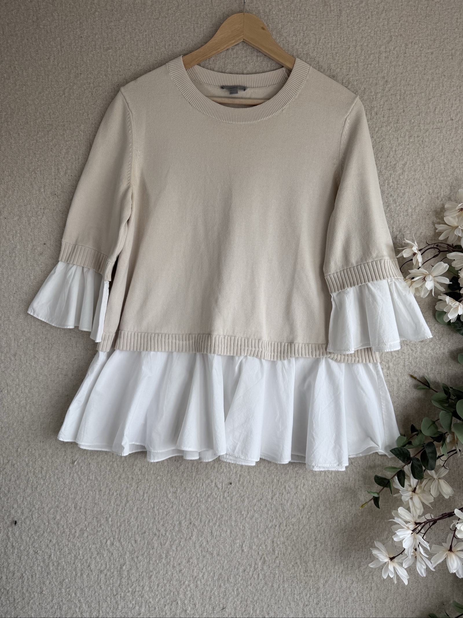 COS Beige Cotton Mix Peplum Top Medium Stylish Flared Sleeve Casual Chic UK M