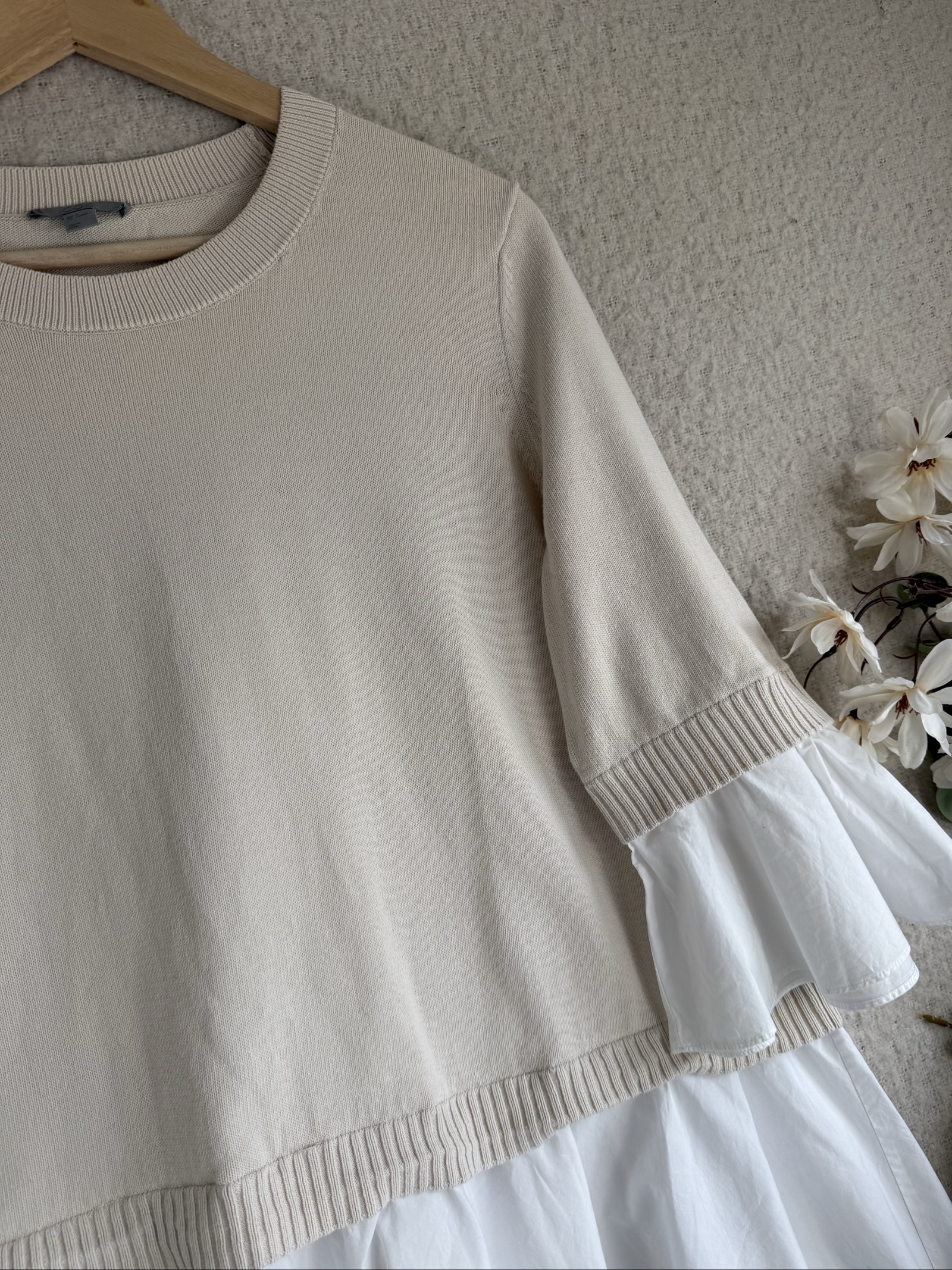 COS Beige Cotton Mix Peplum Top Medium Stylish Flared Sleeve Casual Chic UK M image 2