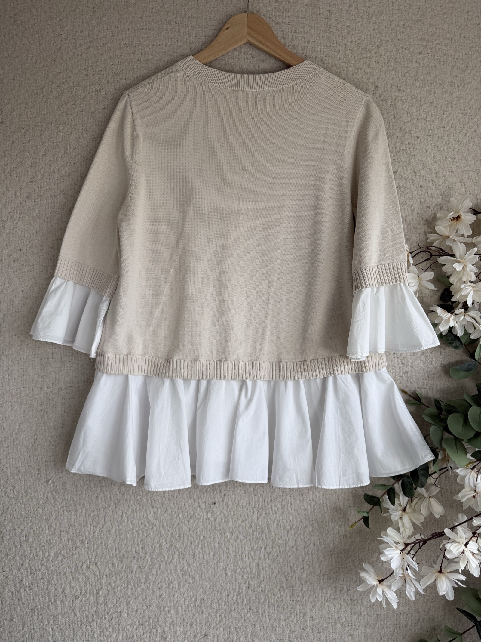COS Beige Cotton Mix Peplum Top Medium Stylish Flared Sleeve Casual Chic UK M image 4