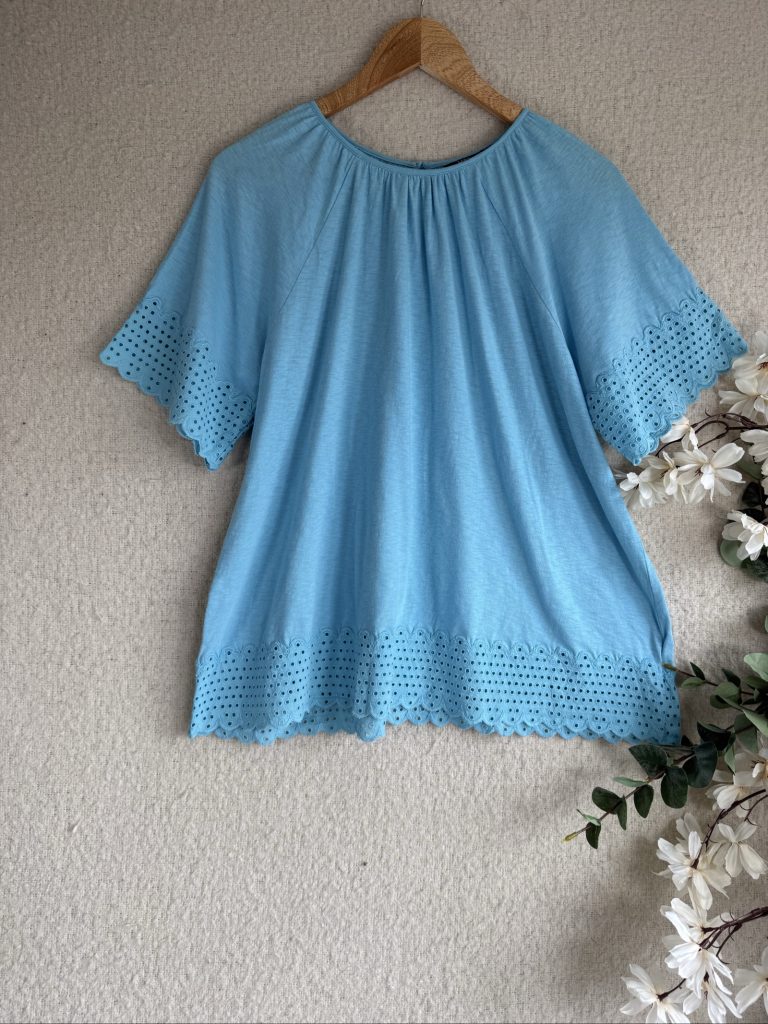 M&S Blue Eyelet Detail Short Sleeve Top UK 10 Casual Summer Elegant