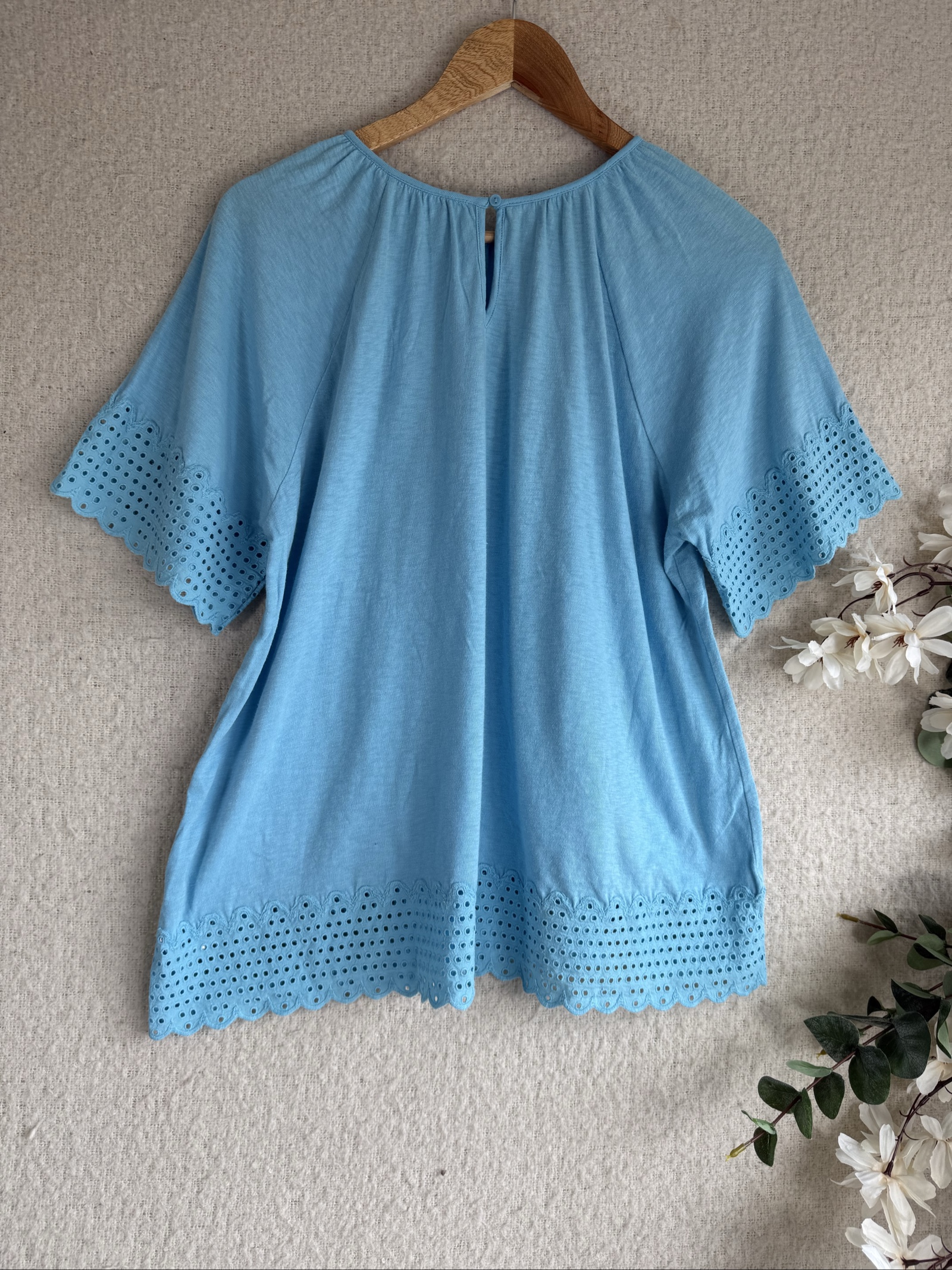 M&S Blue Eyelet Detail Short Sleeve Top UK 10 Casual Summer Elegant image 4