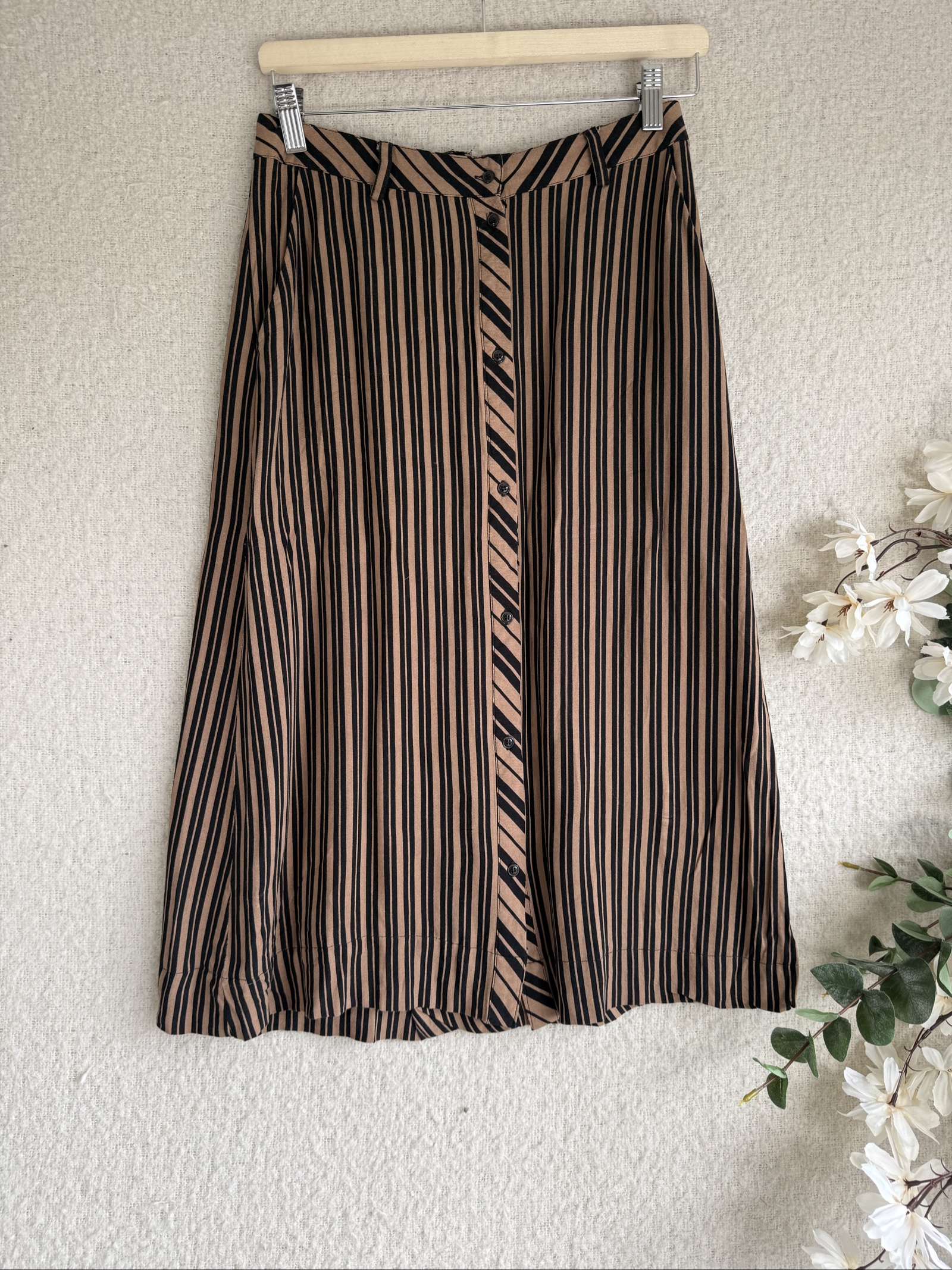Soft Rebels Brown & Black Striped Button Front Midi Skirt Medium Casual Chic