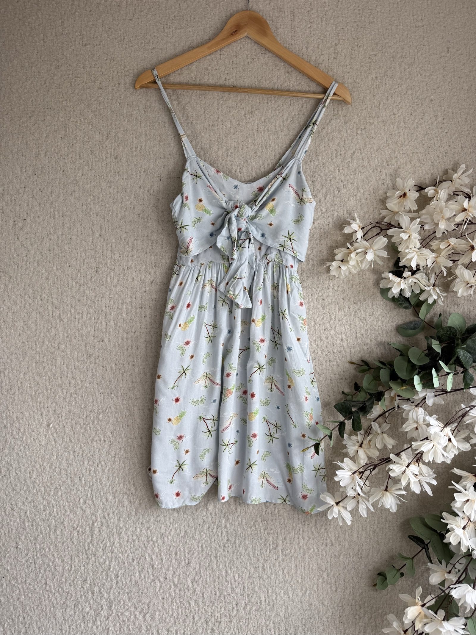New Look Light Blue Floral Print Tie Front Dress UK 8 Summer Casual Style