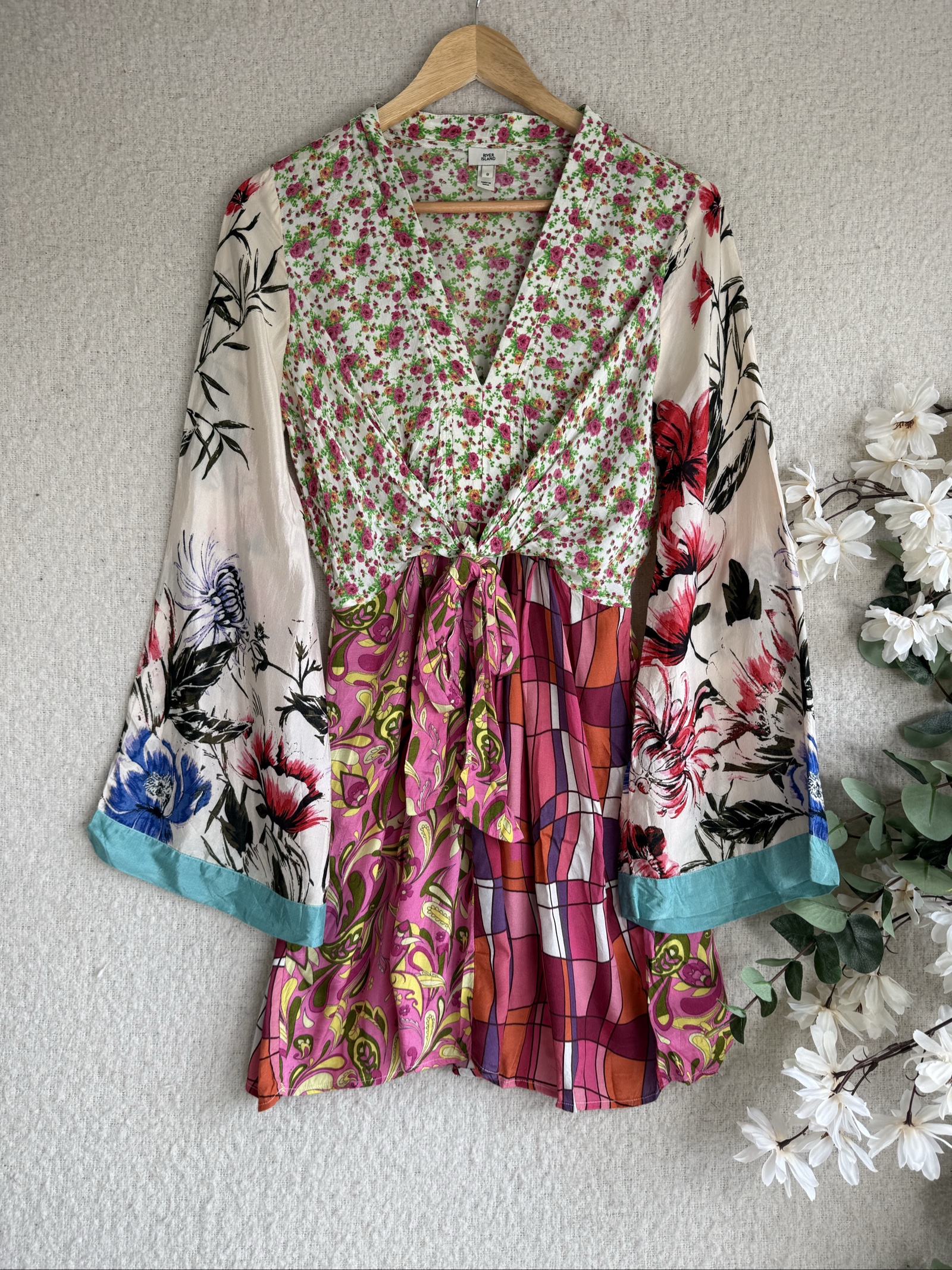 River Island Multi Floral Print Boho Chic Dress UK 8 Long Sleeve Tie Waist