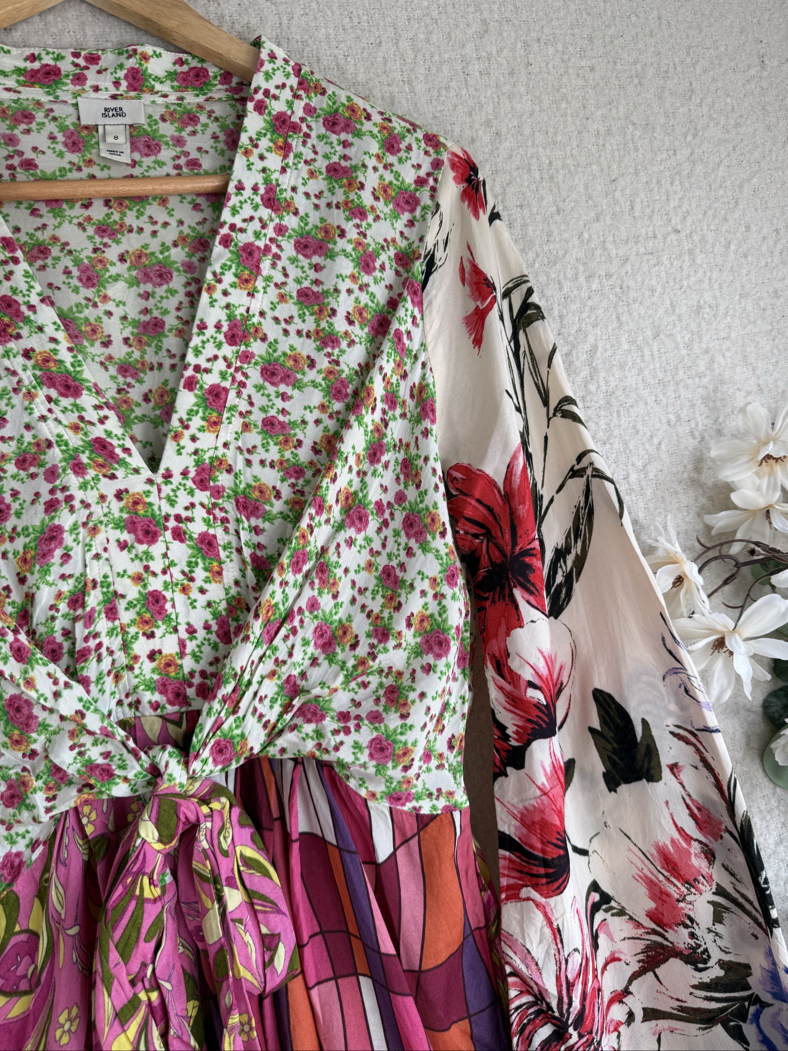 River Island Multi Floral Print Boho Chic Dress UK 8 Long Sleeve Tie Waist image 2