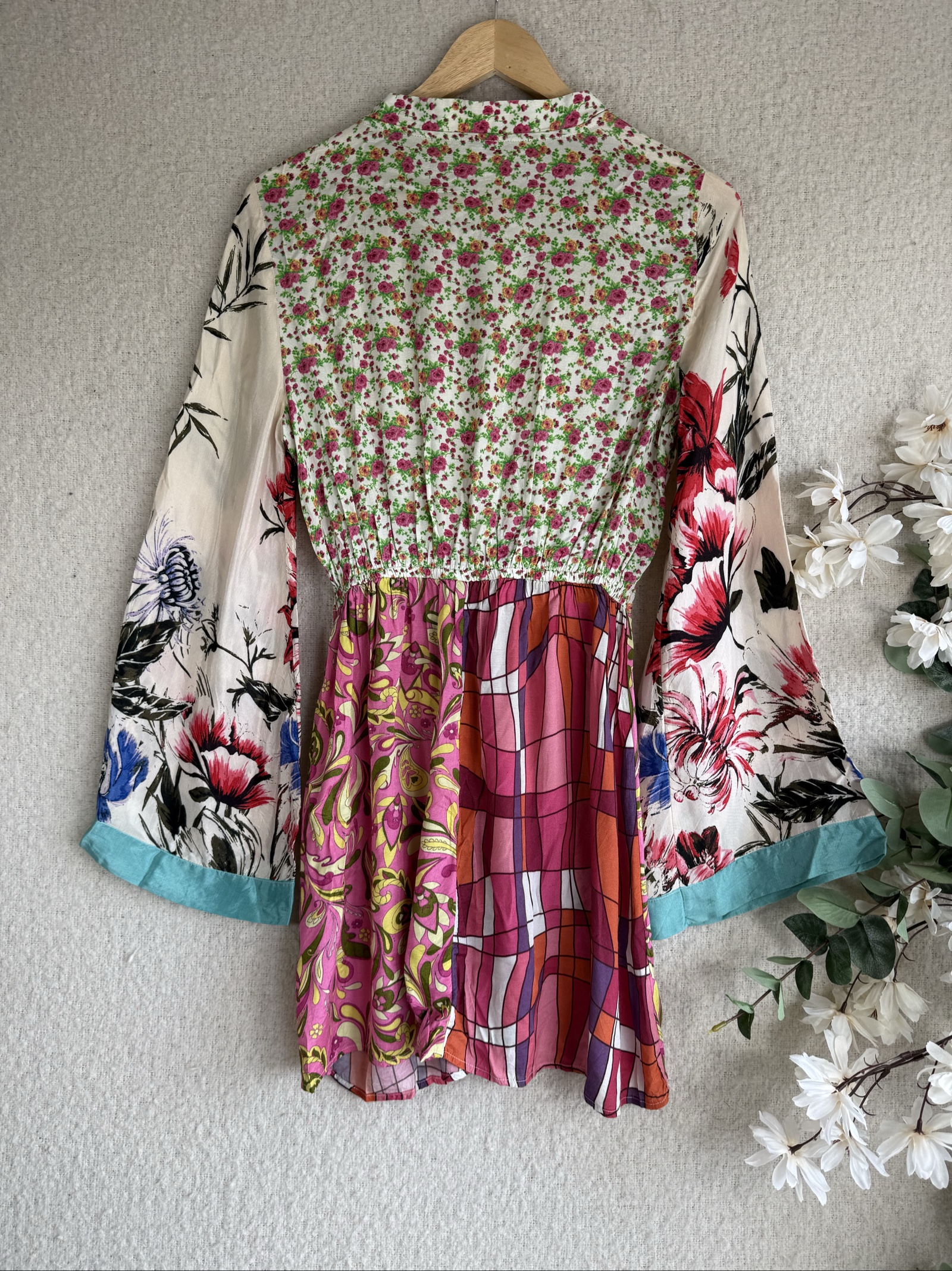River Island Multi Floral Print Boho Chic Dress UK 8 Long Sleeve Tie Waist image 4