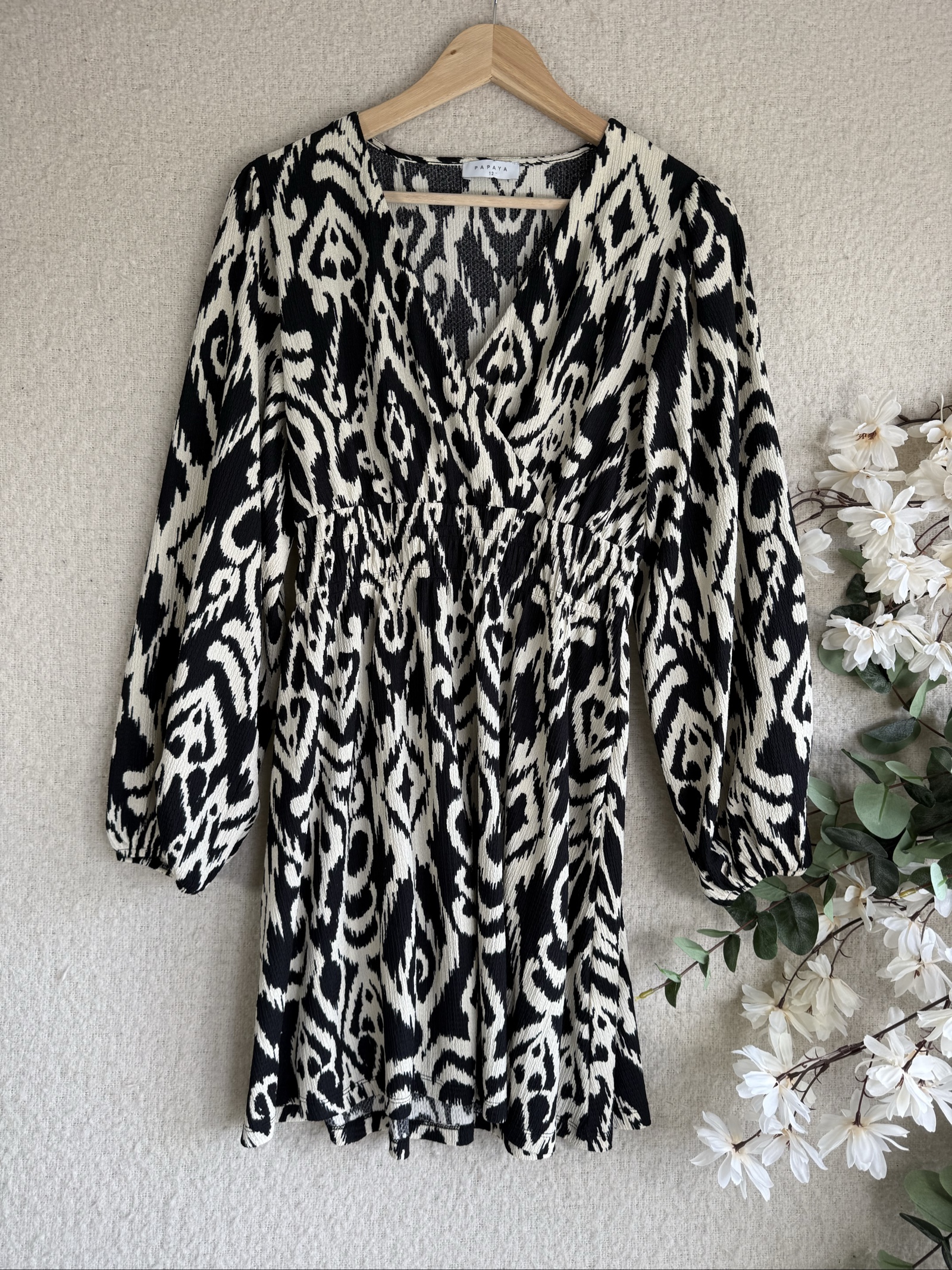 Papaya Black & White Printed Long Sleeve Dress UK 12 Chic Stylish