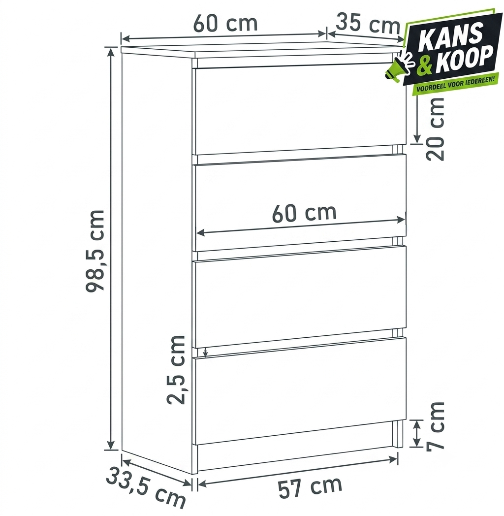 Ladekast vidaXL - 4 Lades - Betongrijs (60 x 35 x 98,5 cm) image 2