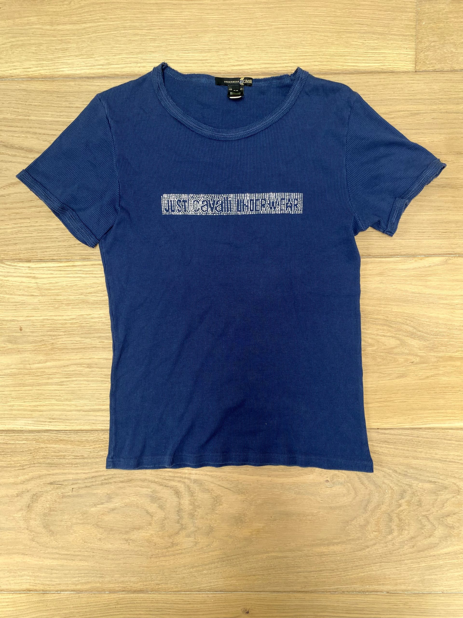 Vintage Y2K Just Cavalli Blue Ribbed T-Shirt Medium Logo Detail image 2