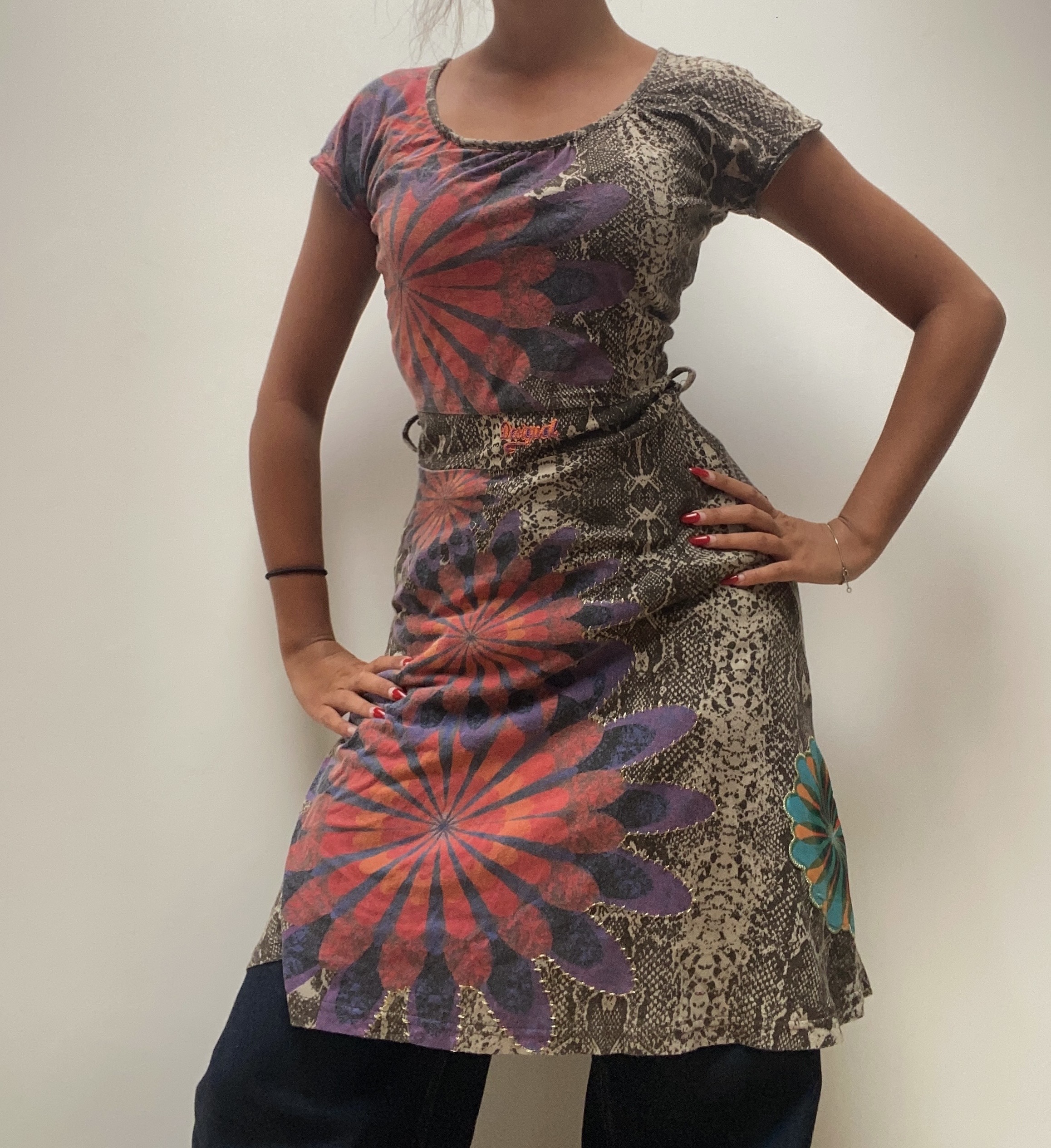 y2k Vintage Desigual Multi-Coloured Floral Snakeskin Printed Dress Medium Artistic Pattern
