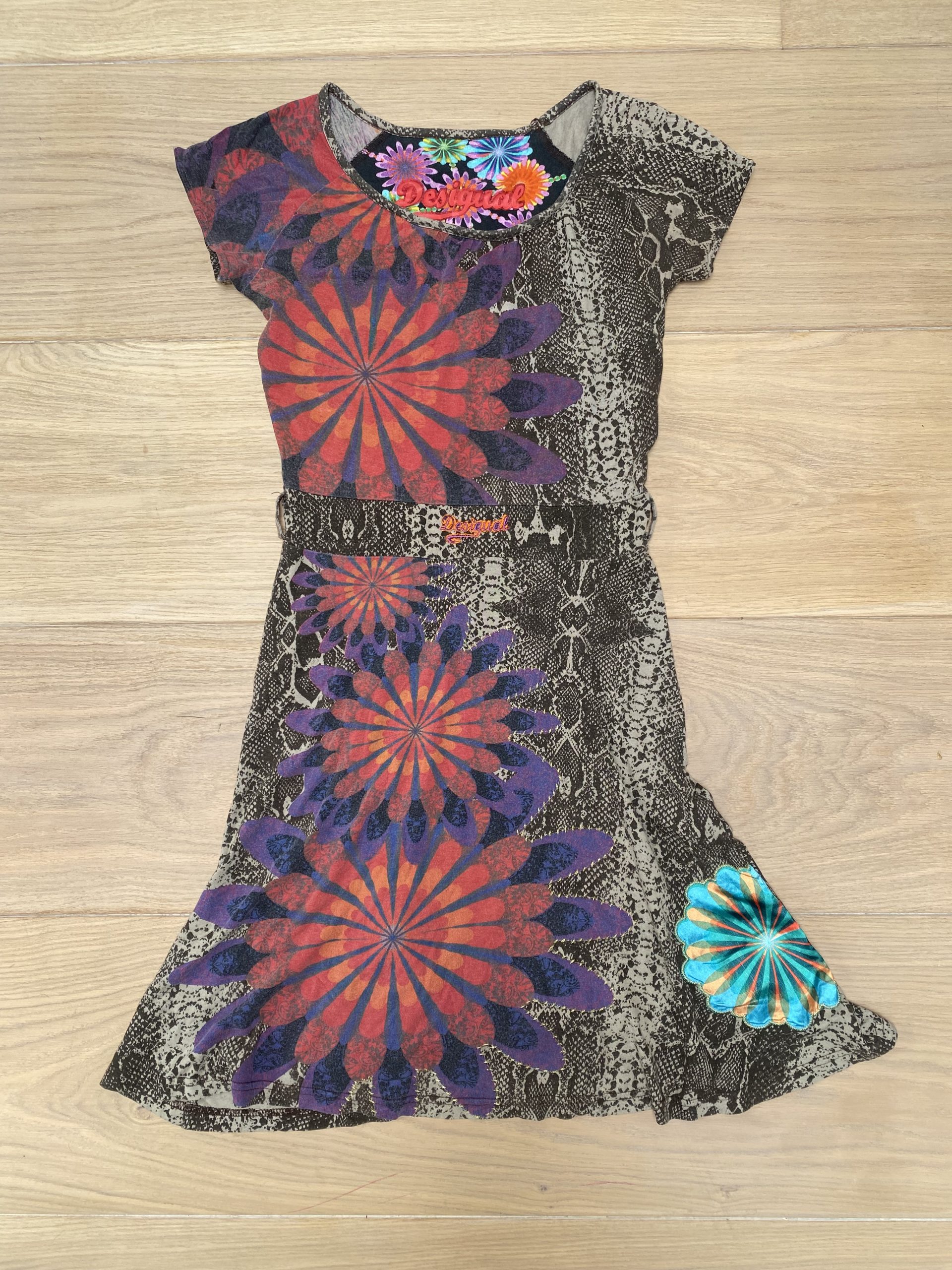 y2k Vintage Desigual Multi-Coloured Floral Snakeskin Printed Dress Medium Artistic Pattern image 2