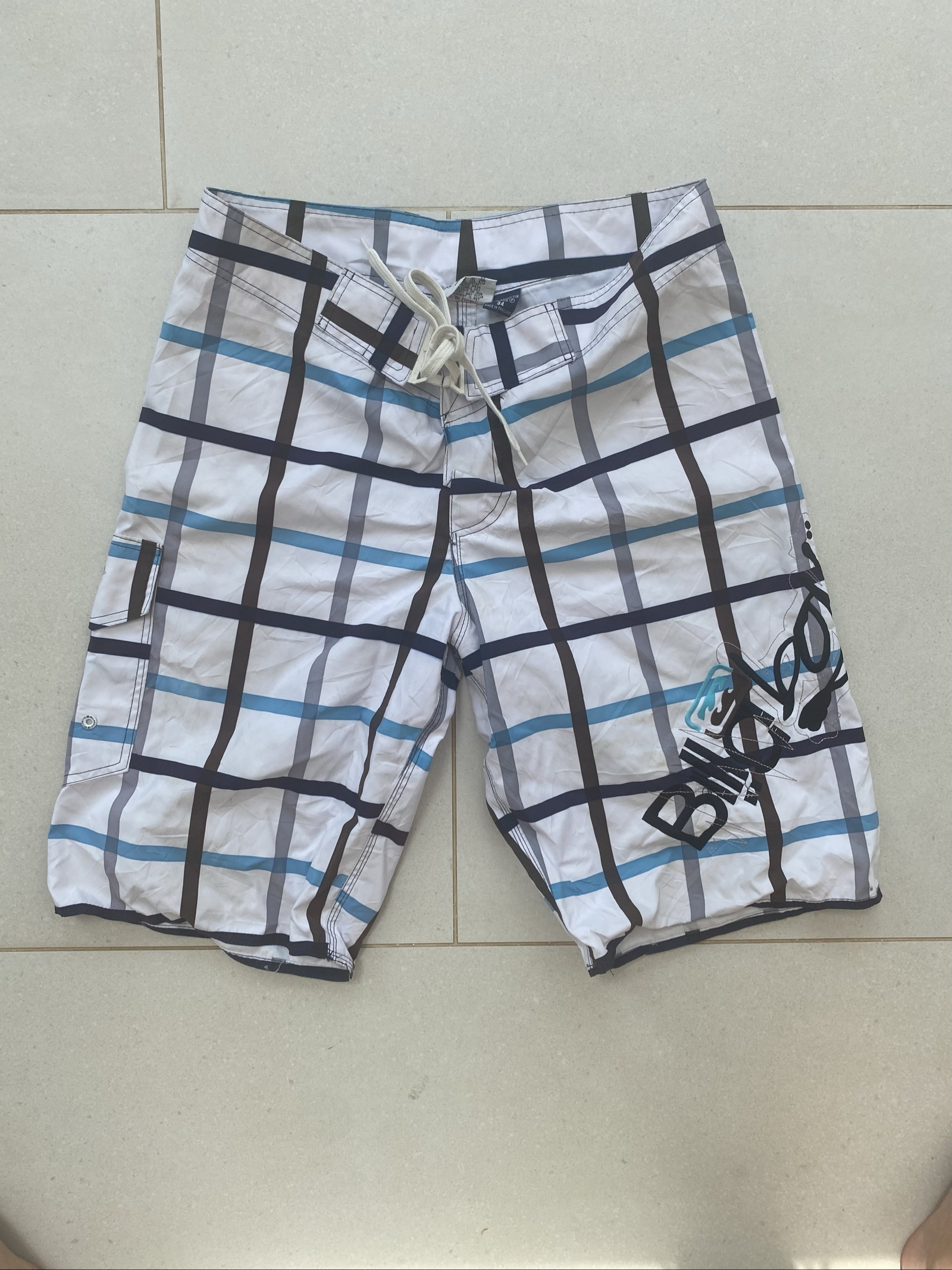 Billabong White Blue & Grey Checked Board Shorts 34Waist (J1)