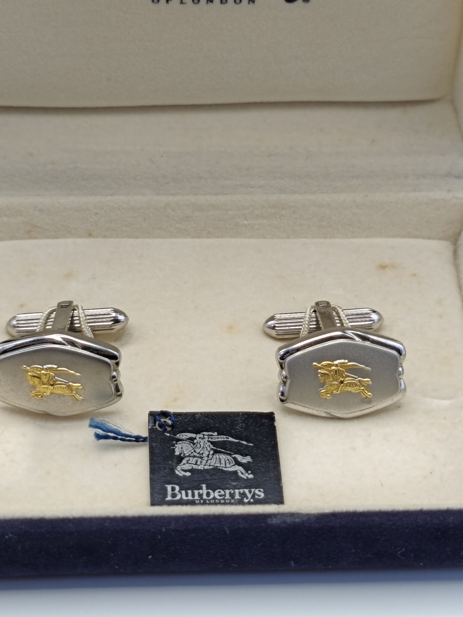 Burberrys Silver & Gold Logo Cufflinks in Velvet Box image 2