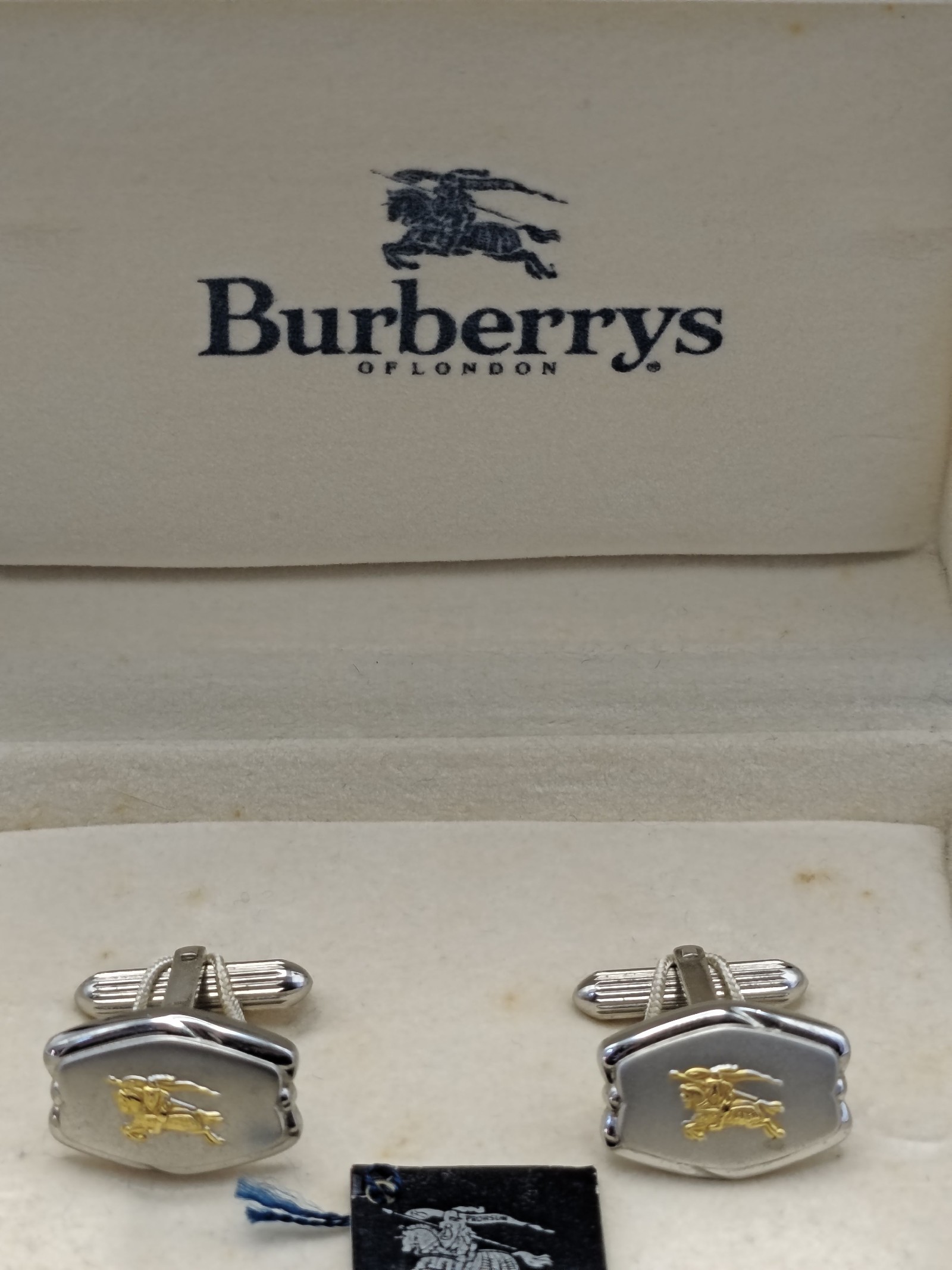 Burberrys Silver & Gold Logo Cufflinks in Velvet Box image 3