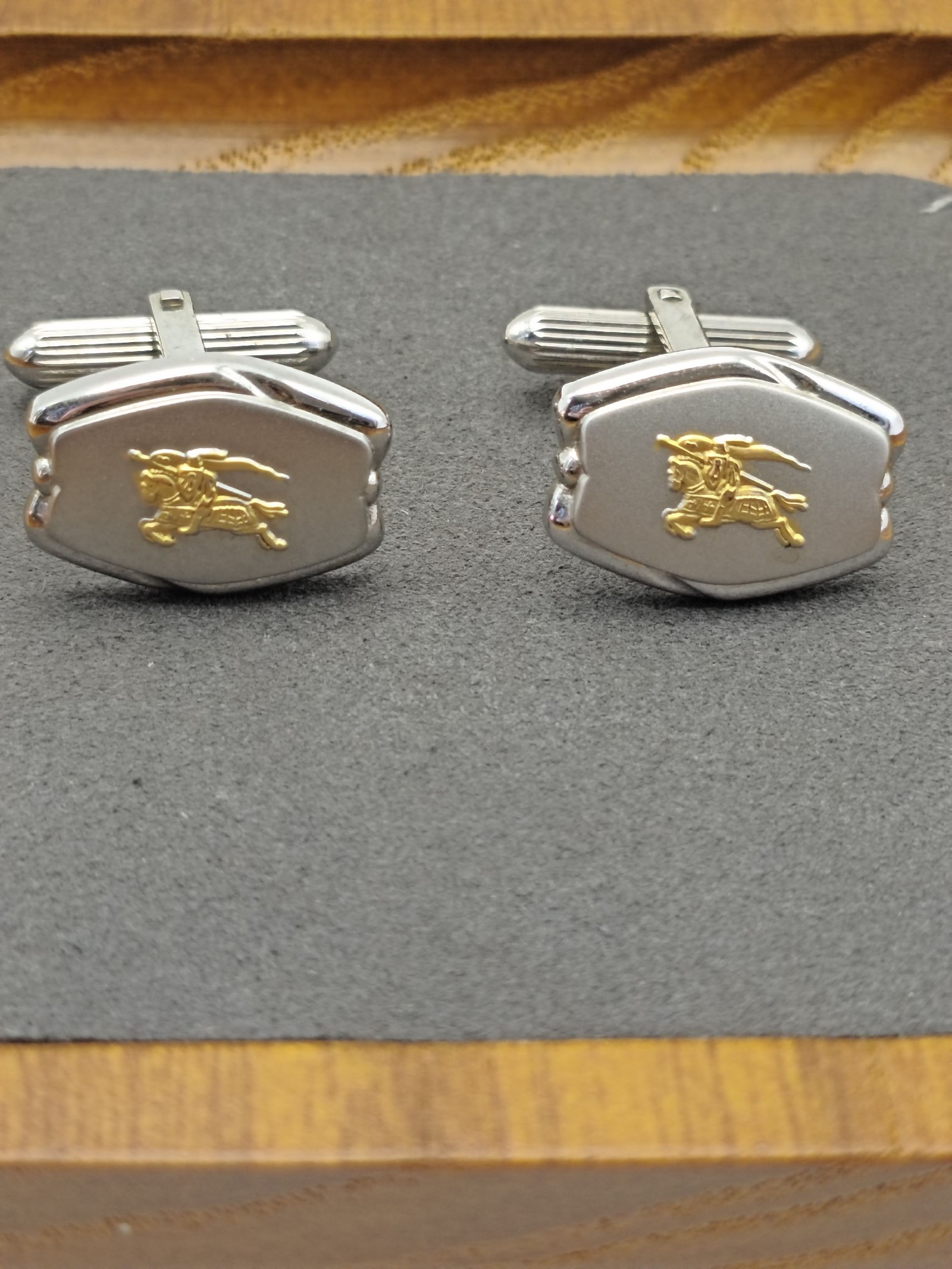 Burberrys Silver & Gold Logo Cufflinks in Velvet Box image 5