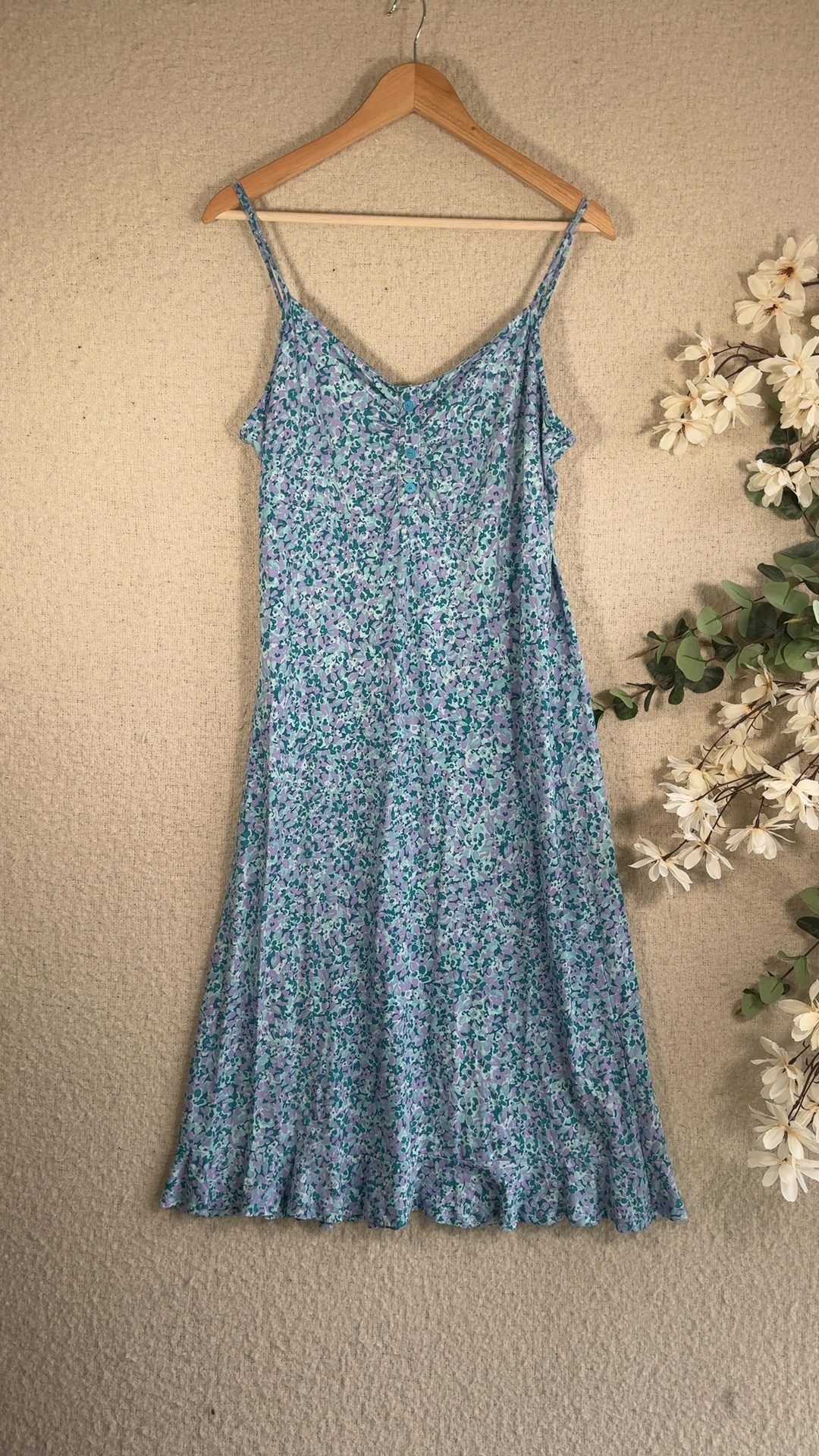 Per Una Blue Mix Floral Print Camisole Top UK 16 Long V-Neck Button Detail