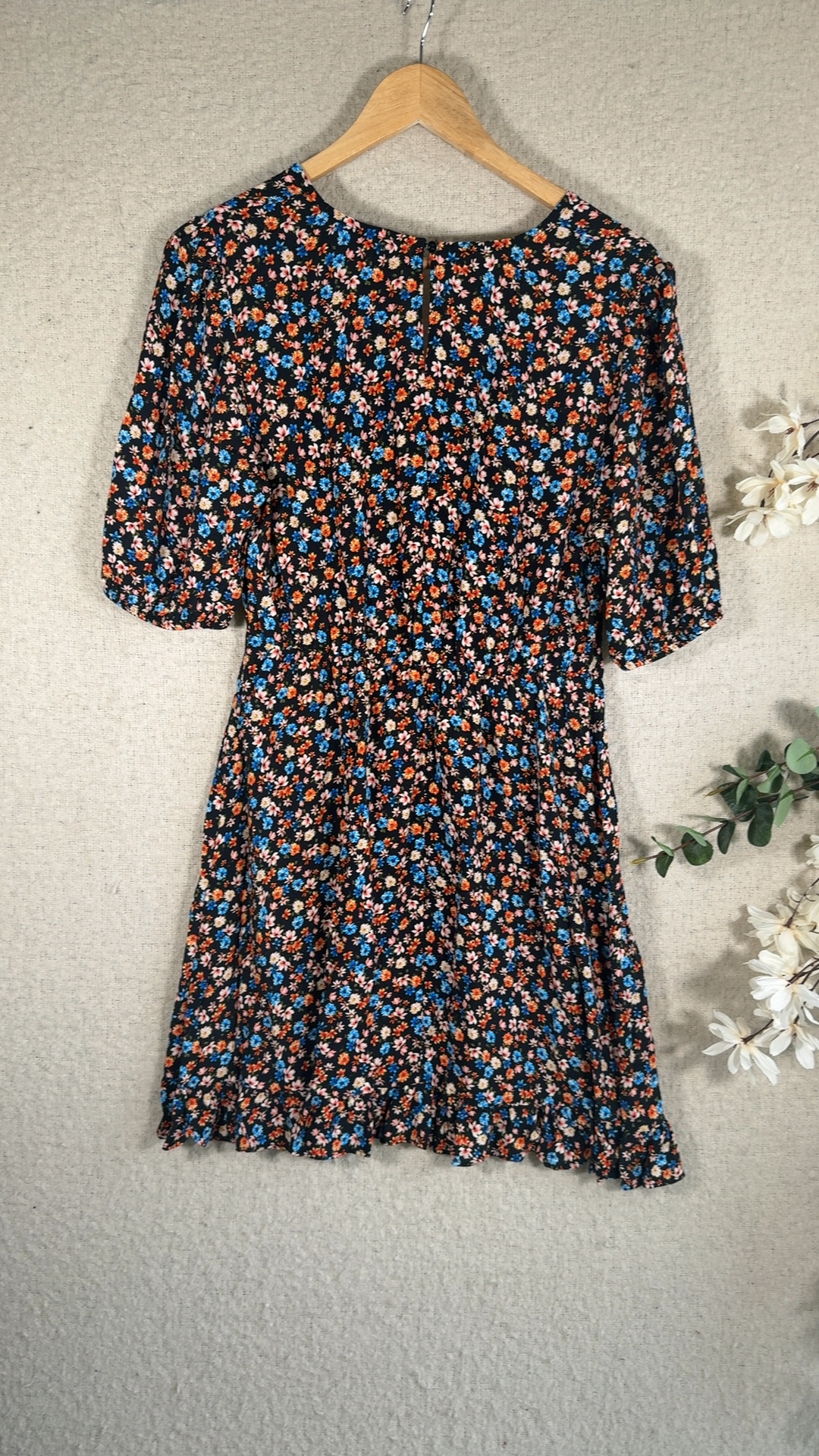 New Look Floral Black Dress UK 14 Viscose Summer Casual Chic image 3