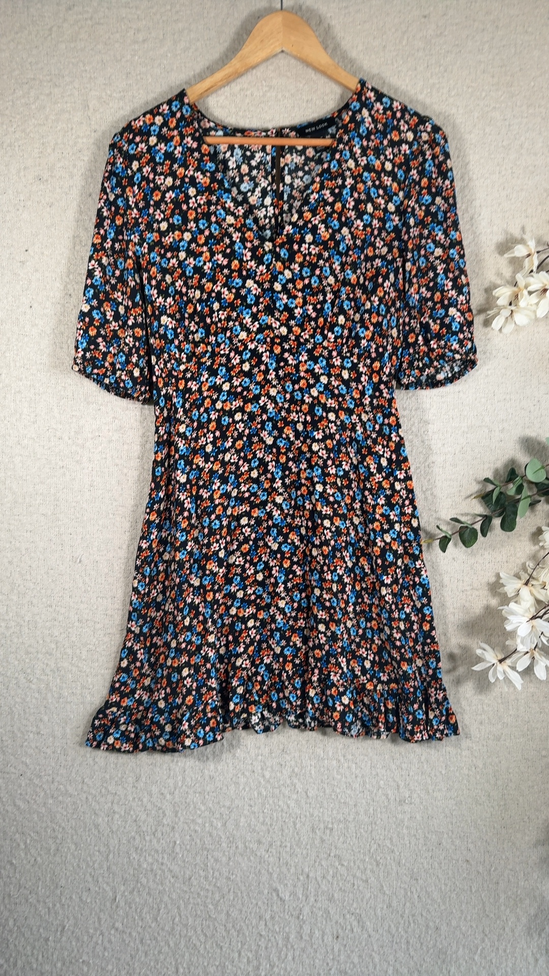 New Look Floral Black Dress UK 14 Viscose Summer Casual Chic