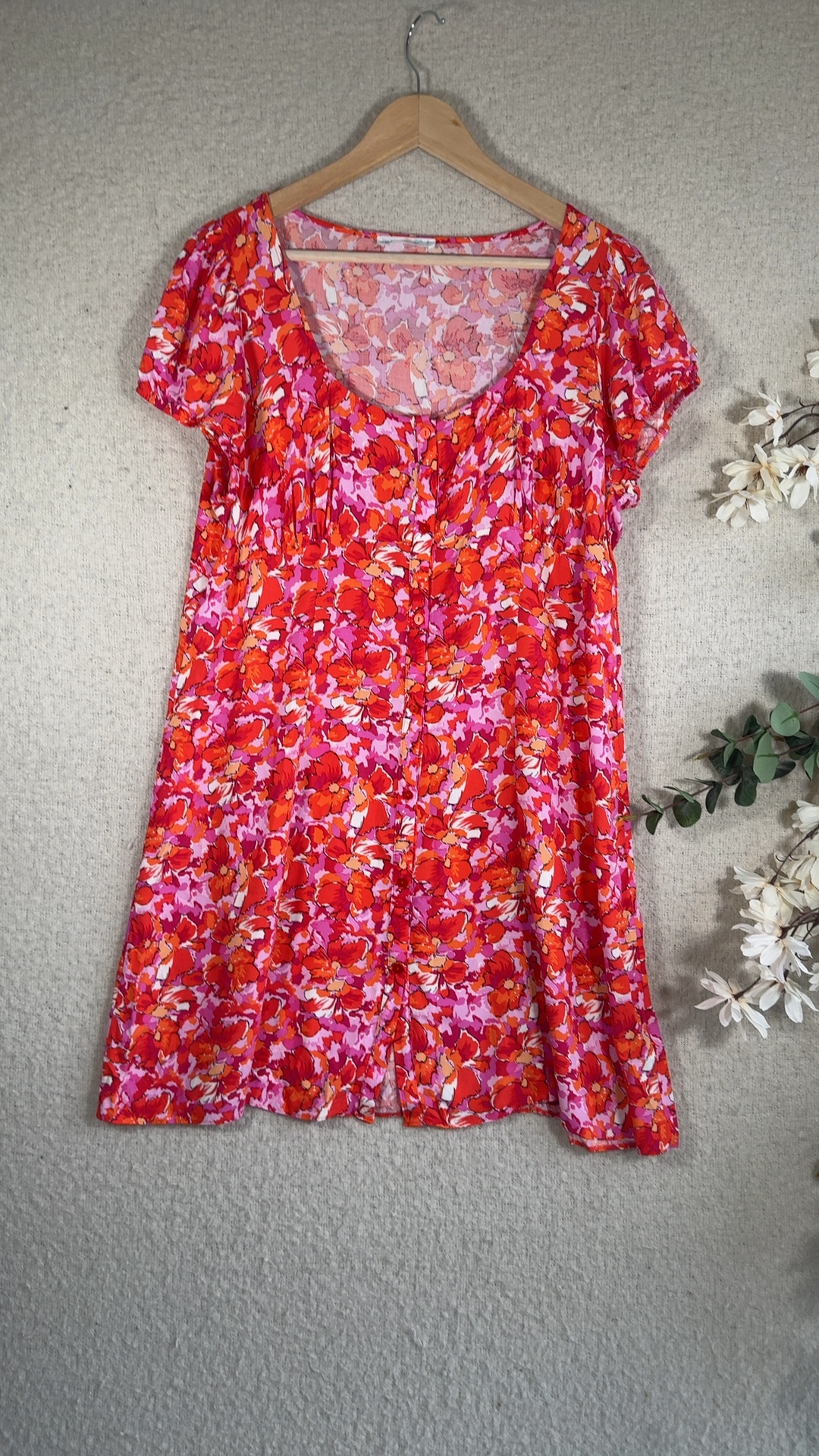 Primark Red & Pink Floral Button Front Dress UK 16 Lightweight Summer Style