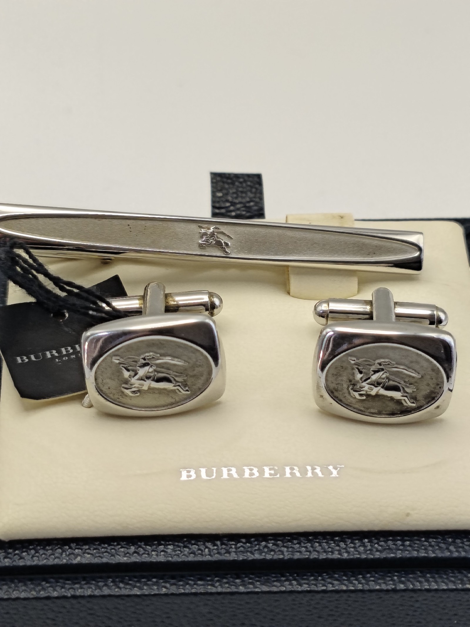 Burberry Silver Tie Clip & Cufflinks Set Classic Design image 2