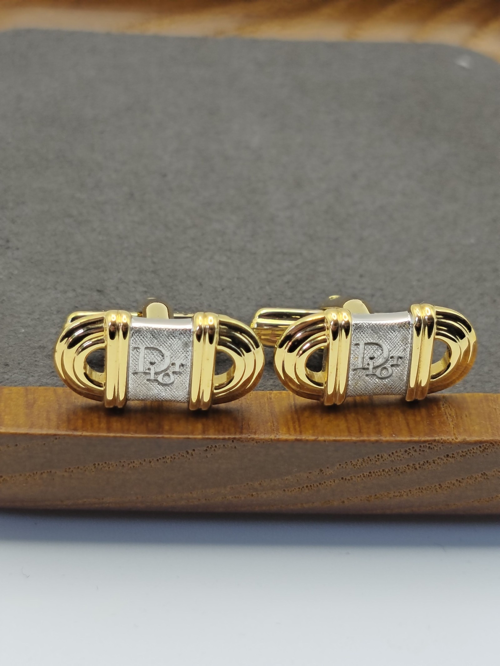 Christian Dior Gold & Silver Tone Logo Cufflinks Men Classic image 4