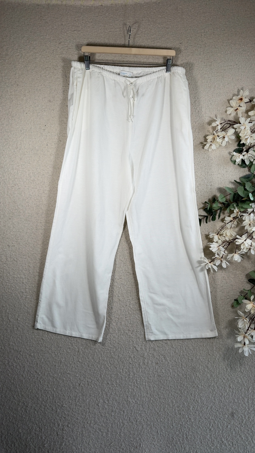 Primark White Linen Blend Wide Leg Trousers Large Relaxed Fit Elastic Waist